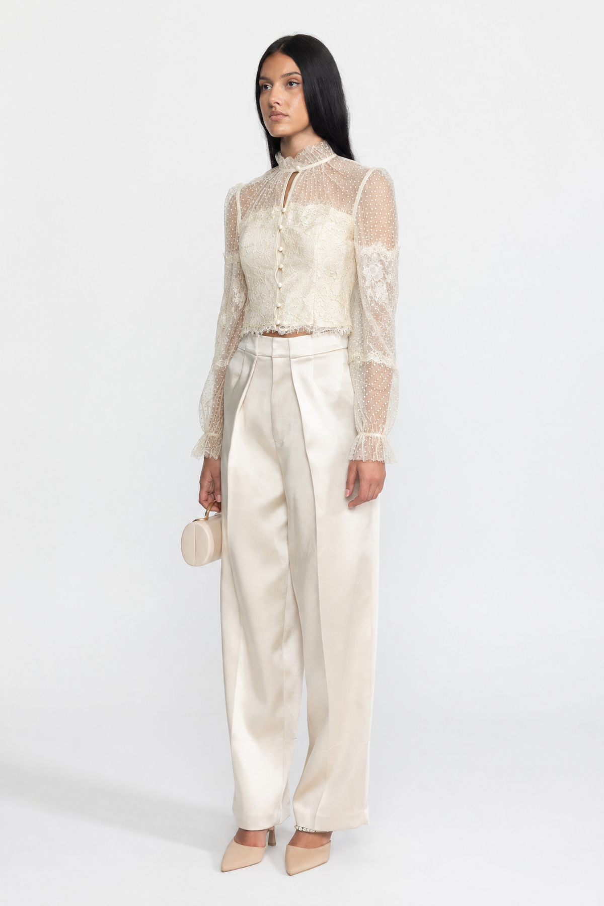 Ruffle Neck Lace and Dot Mesh Cropped Blouse - Ivoire