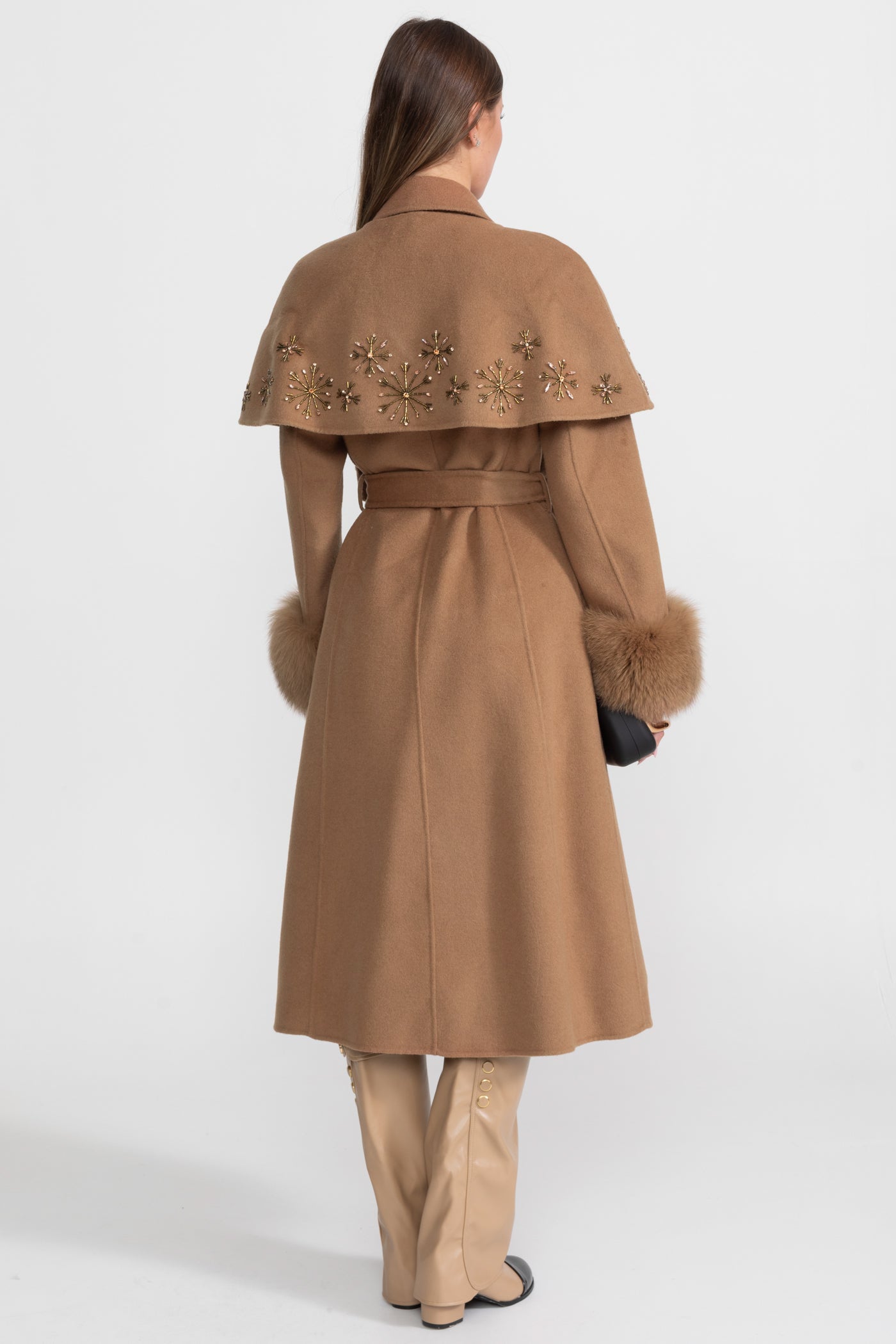 Embellished Wool Coat with Fox Fur Cuffs And Cape Overlay - Light Brown
