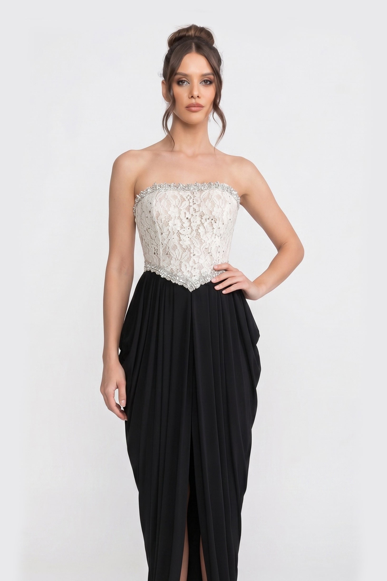 Strapless Gown With 3D Floral Corset Bodice And Draped Black Skirt - White+Black