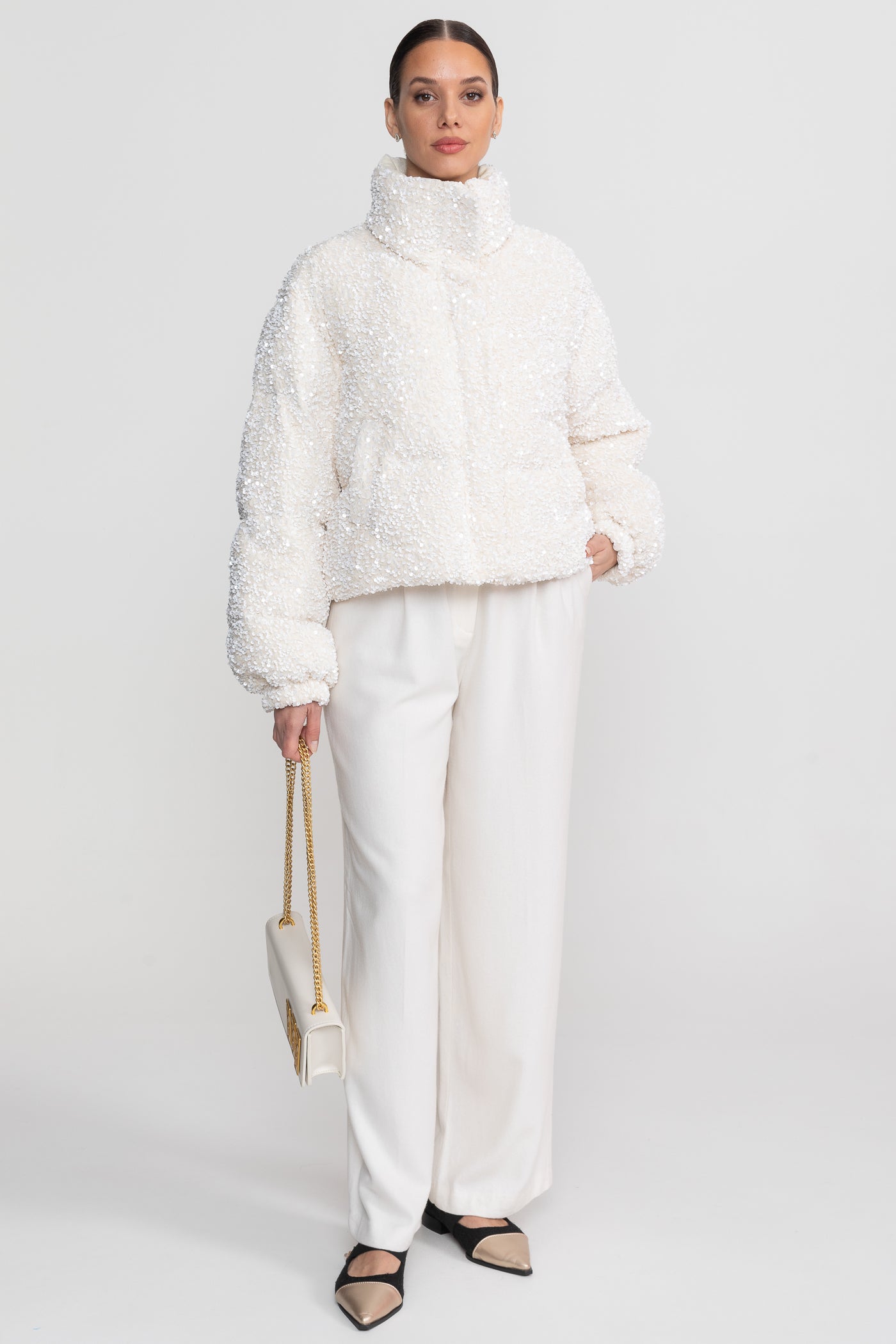 Sequin Puffer Jacket With High Stand Collar – White