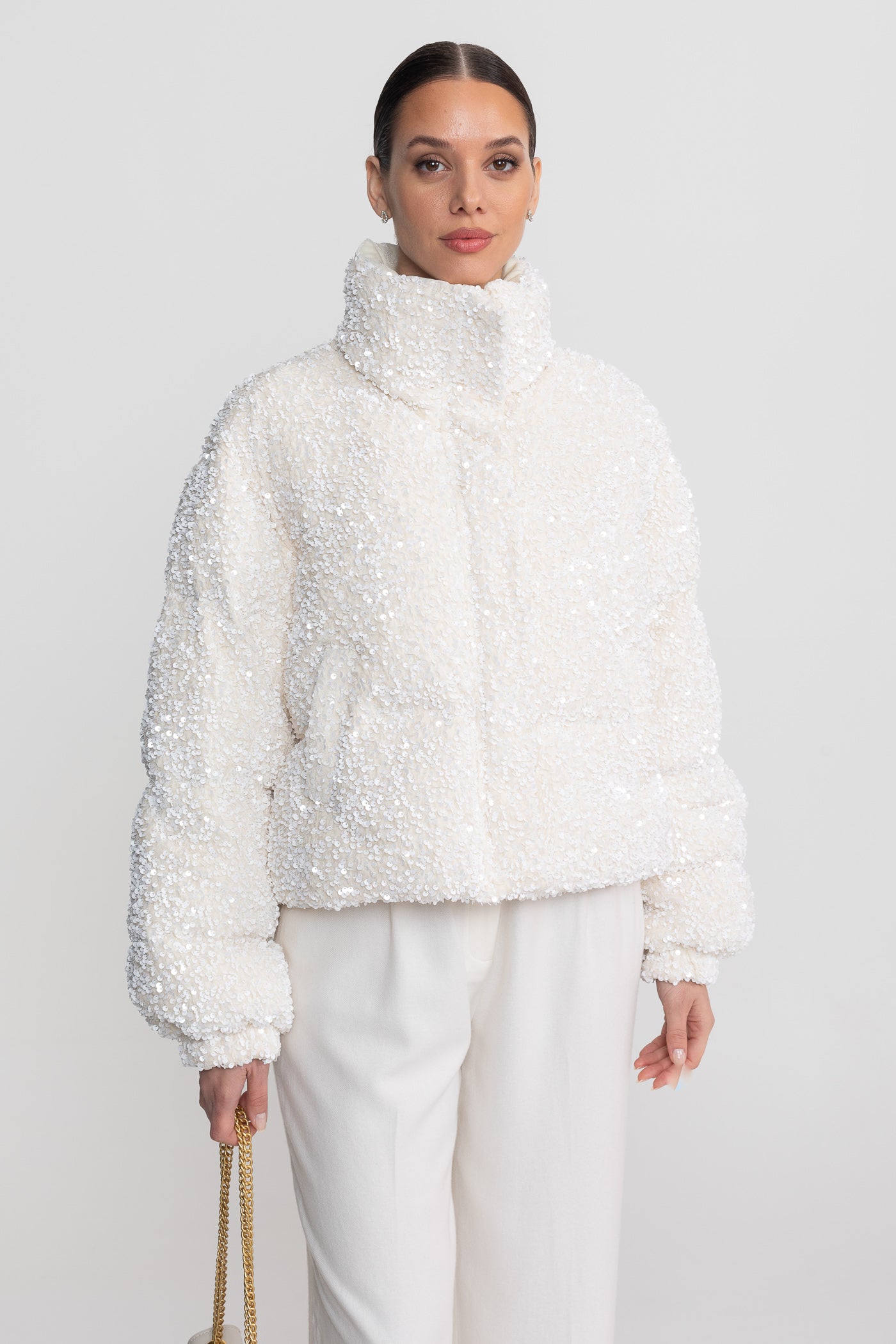Sequin Puffer Jacket With High Stand Collar – White