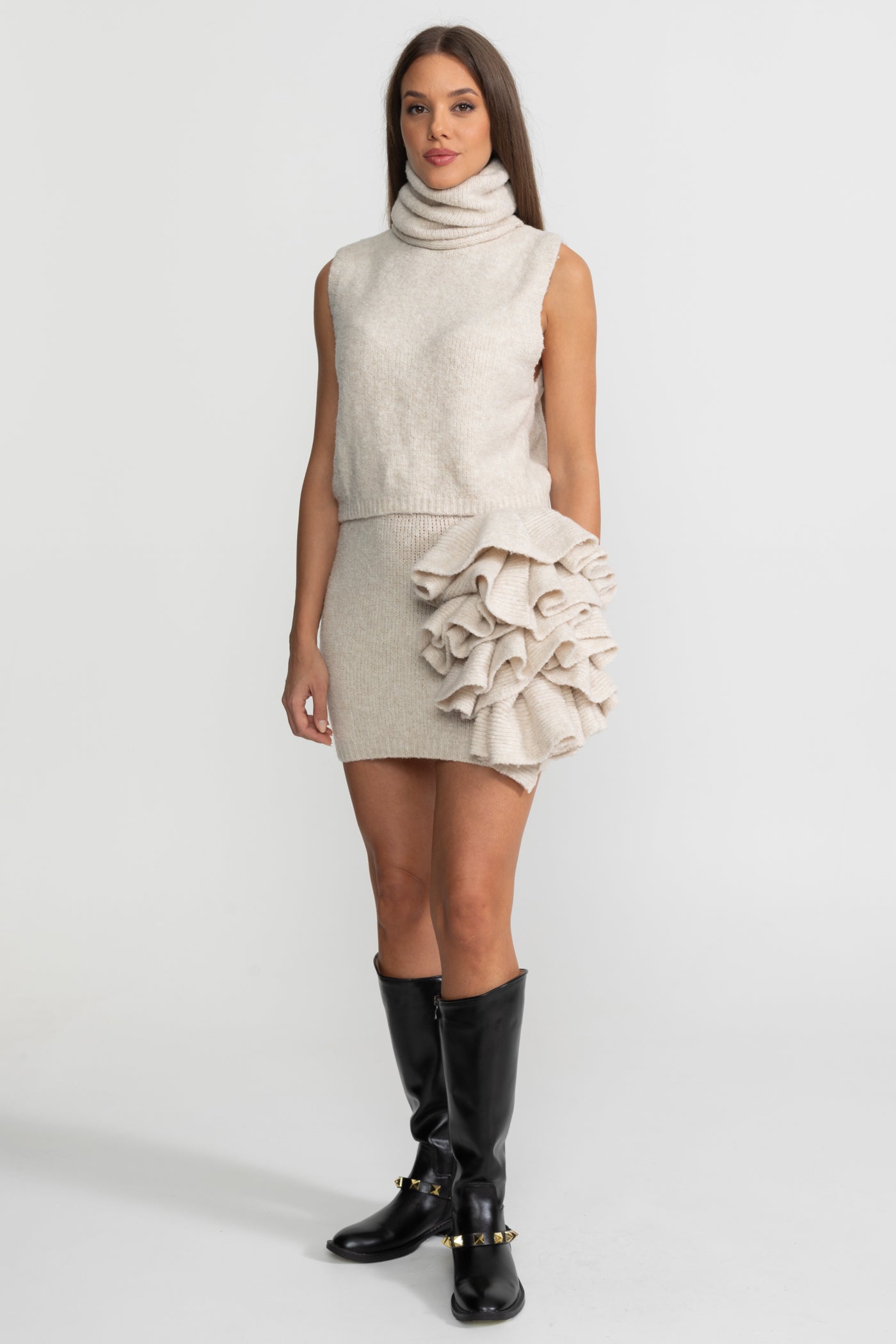 Knitted Three-Piece Set with Sculptural Ruffle Details - Beige