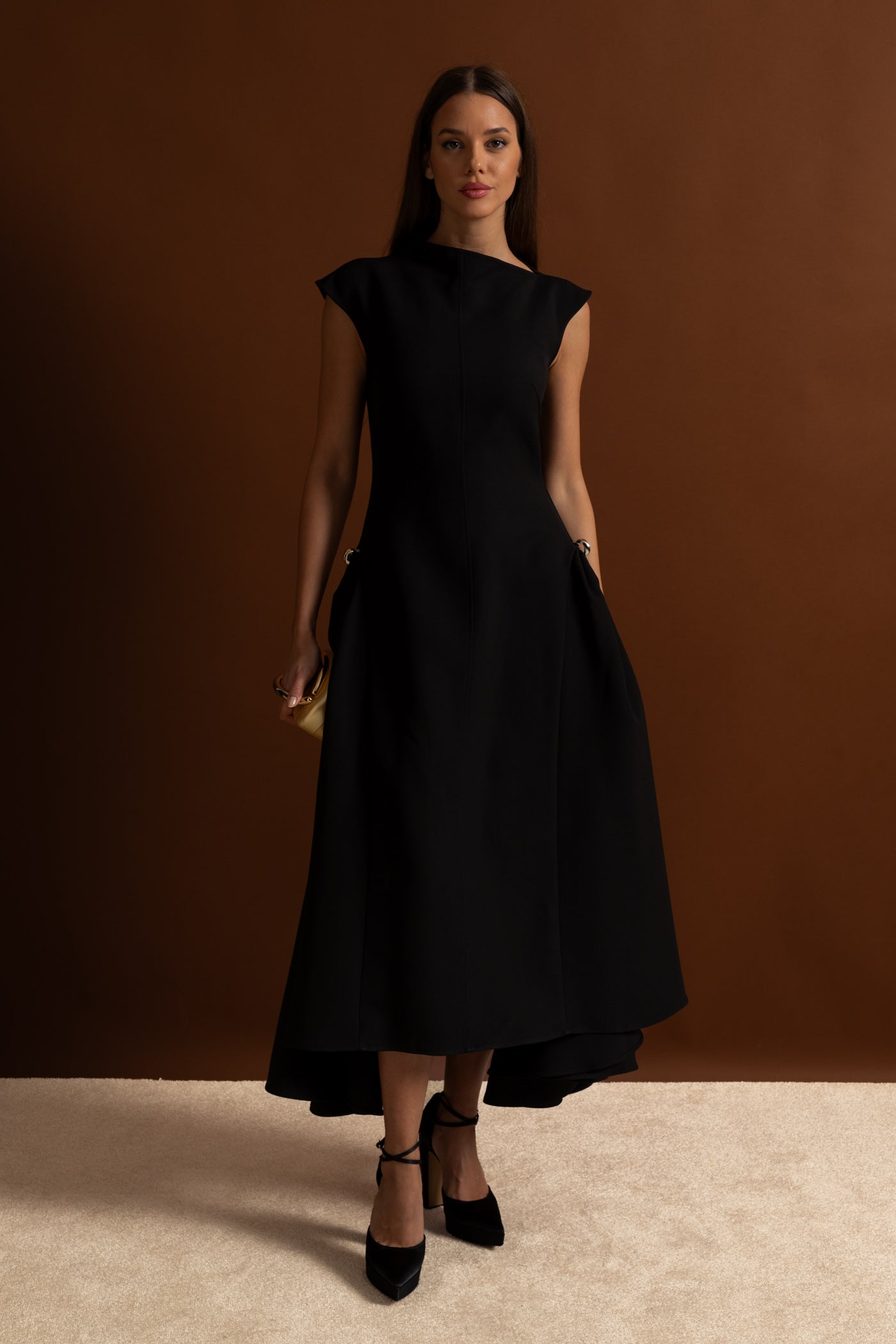 Structured Midi Dress with High-Low Hem and Metal Ring Details - Black