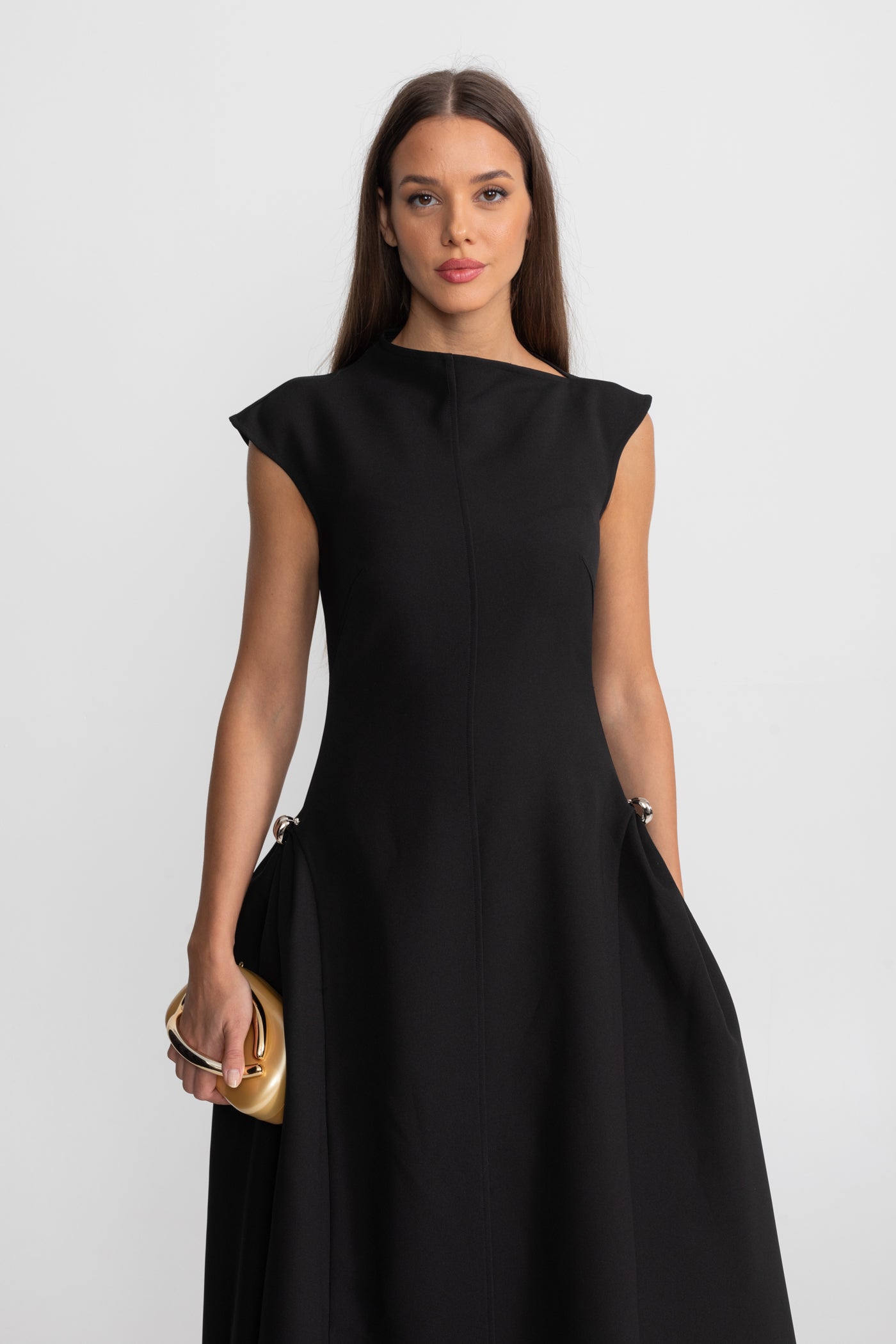 Structured Midi Dress with High-Low Hem and Metal Ring Details - Black