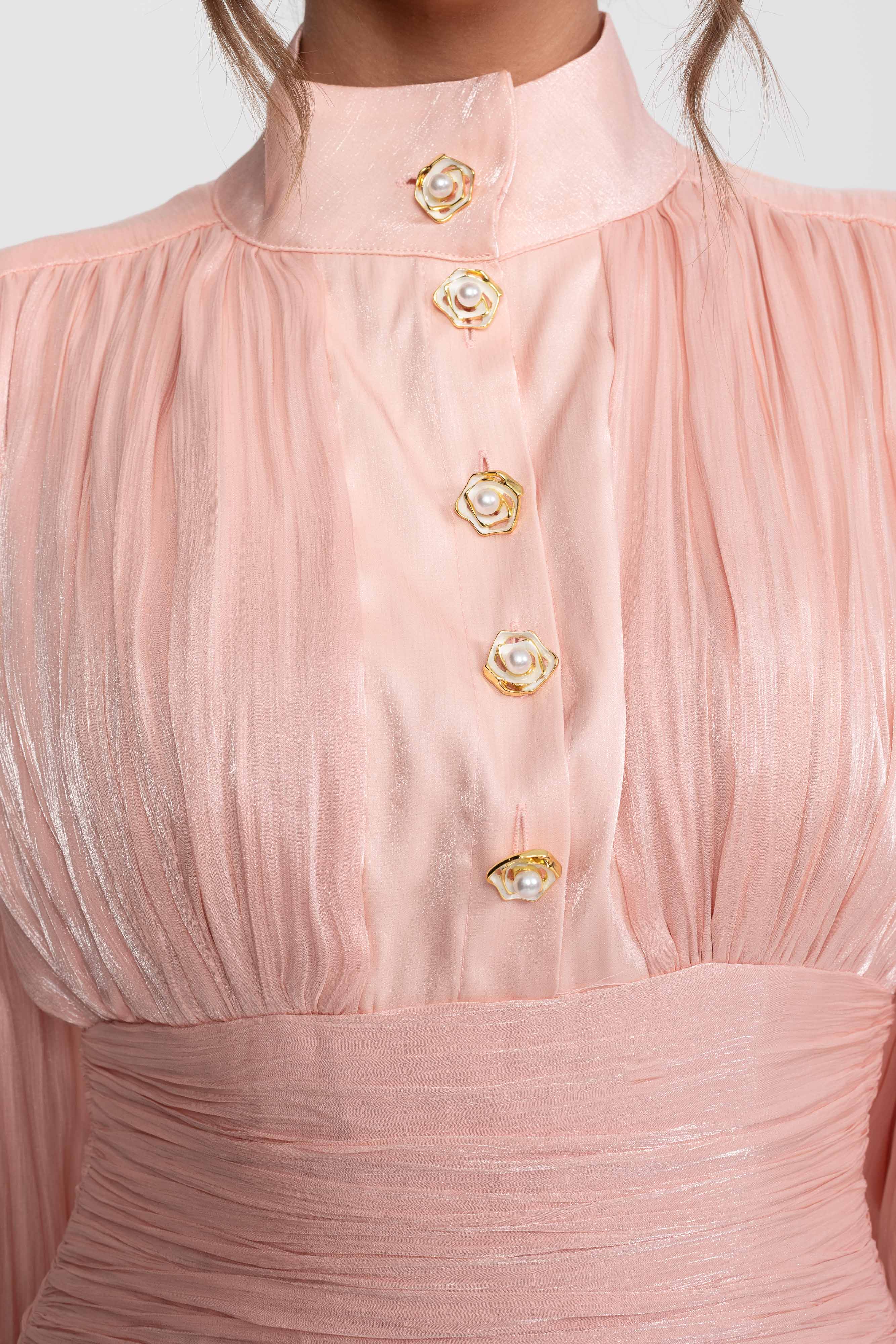 Balloon-Sleeve Tiered Maxi Dress With Jeweled Rose Buttons - Peach