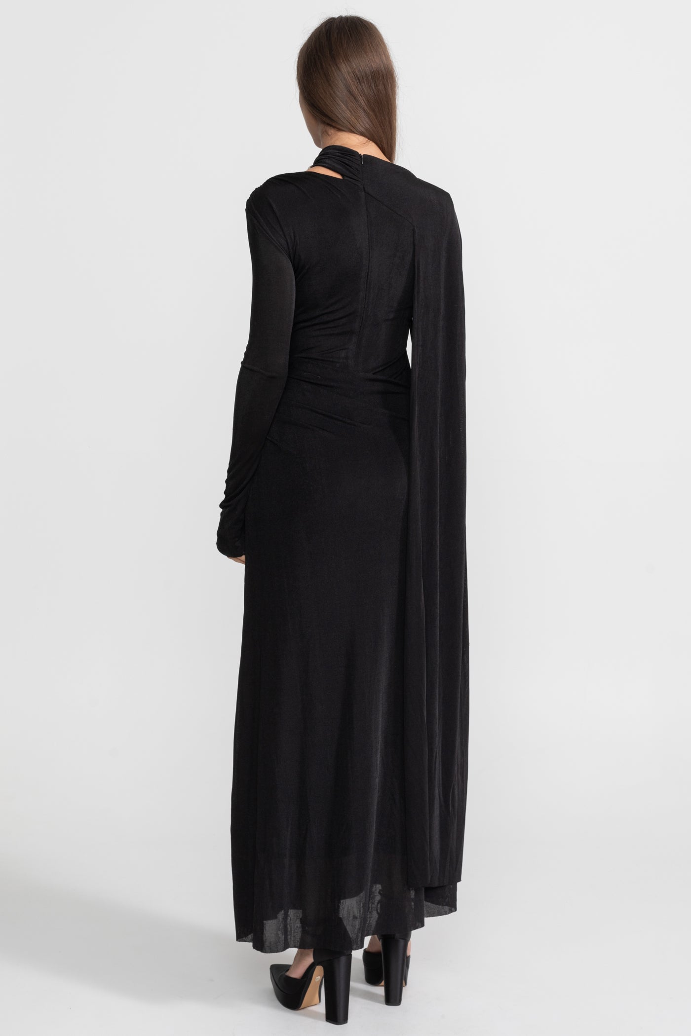 Elegant Draped Gown With Asymmetric Cutout – Black