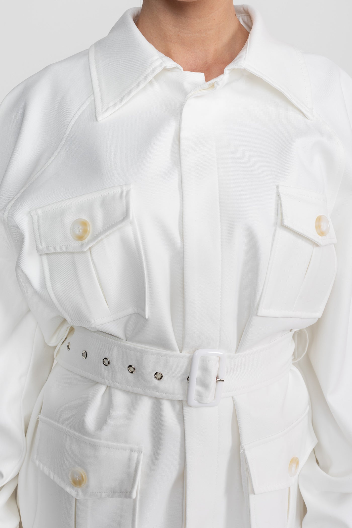 Belted Trench-Coat Jacket With Oversized Patch Pockets - White