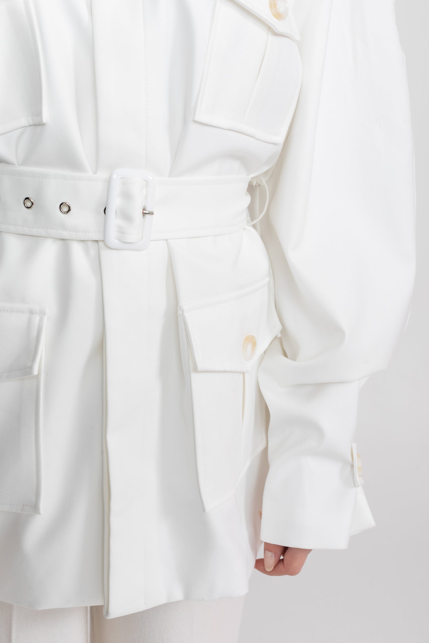 Belted Trench-Coat Jacket With Oversized Patch Pockets - White