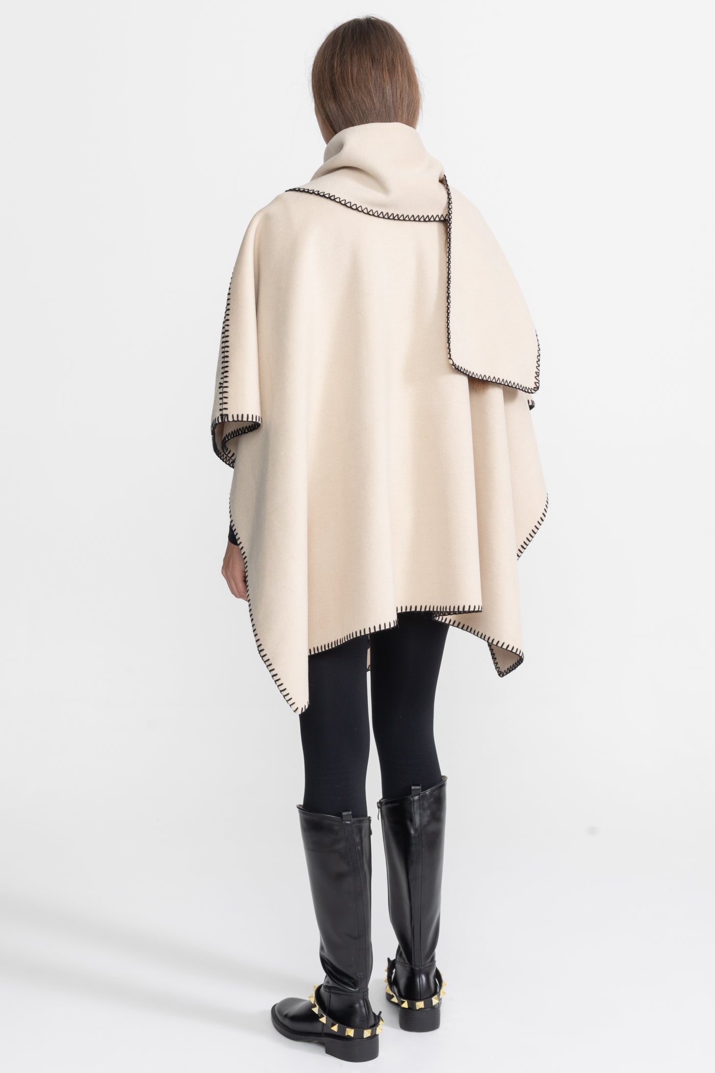 Wool Blend Poncho with Contrast Whipstitch Edging – Ivoire