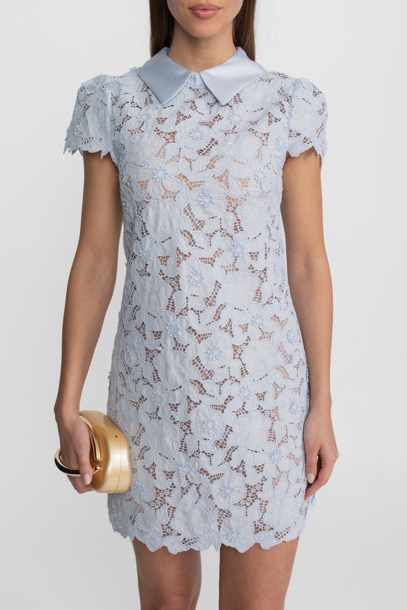 فستان ميني دانتيل مزهر بياقة ساتان – baby blue