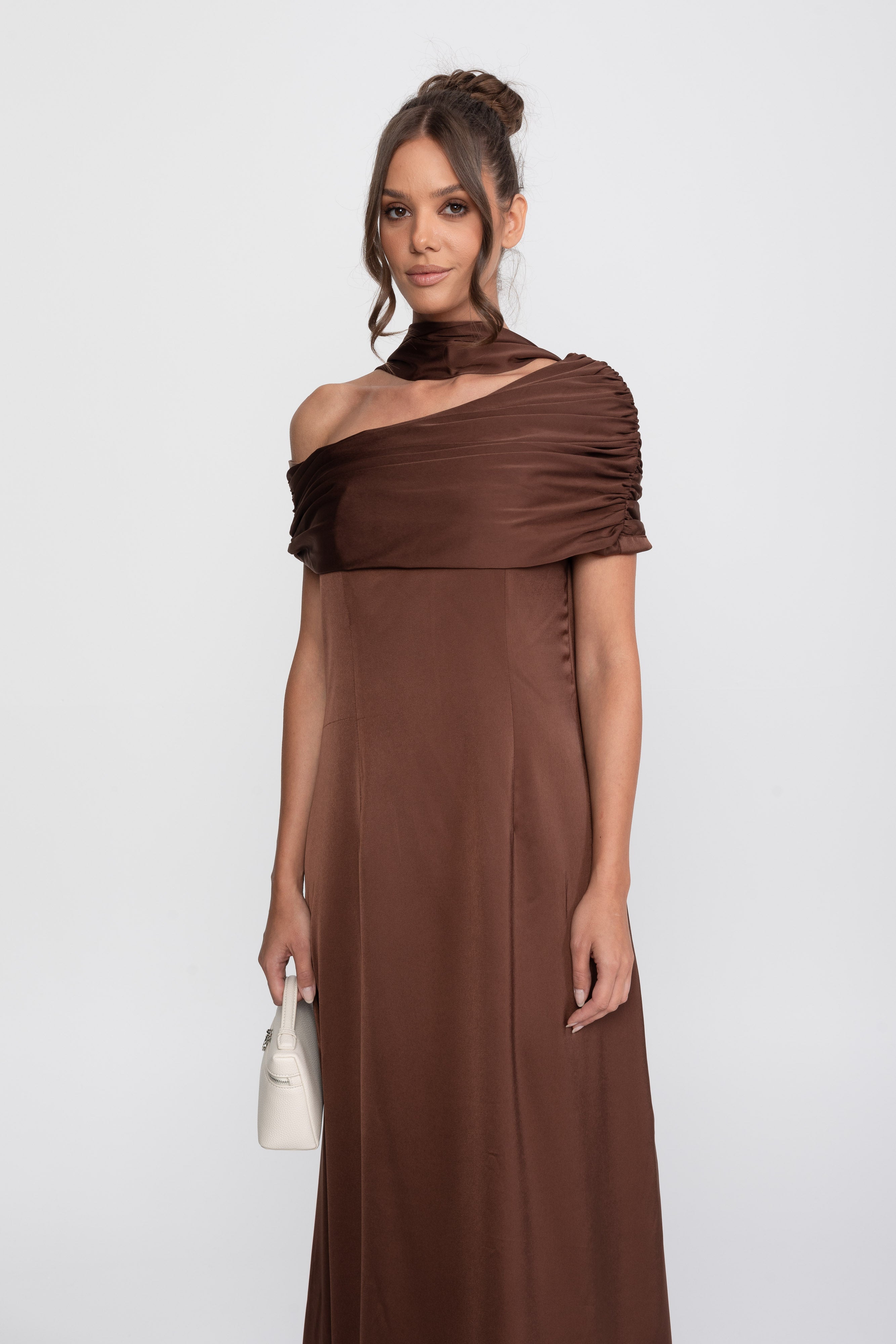 One-Shoulder Draped Satin Gown With Ruched Wrap - Brown