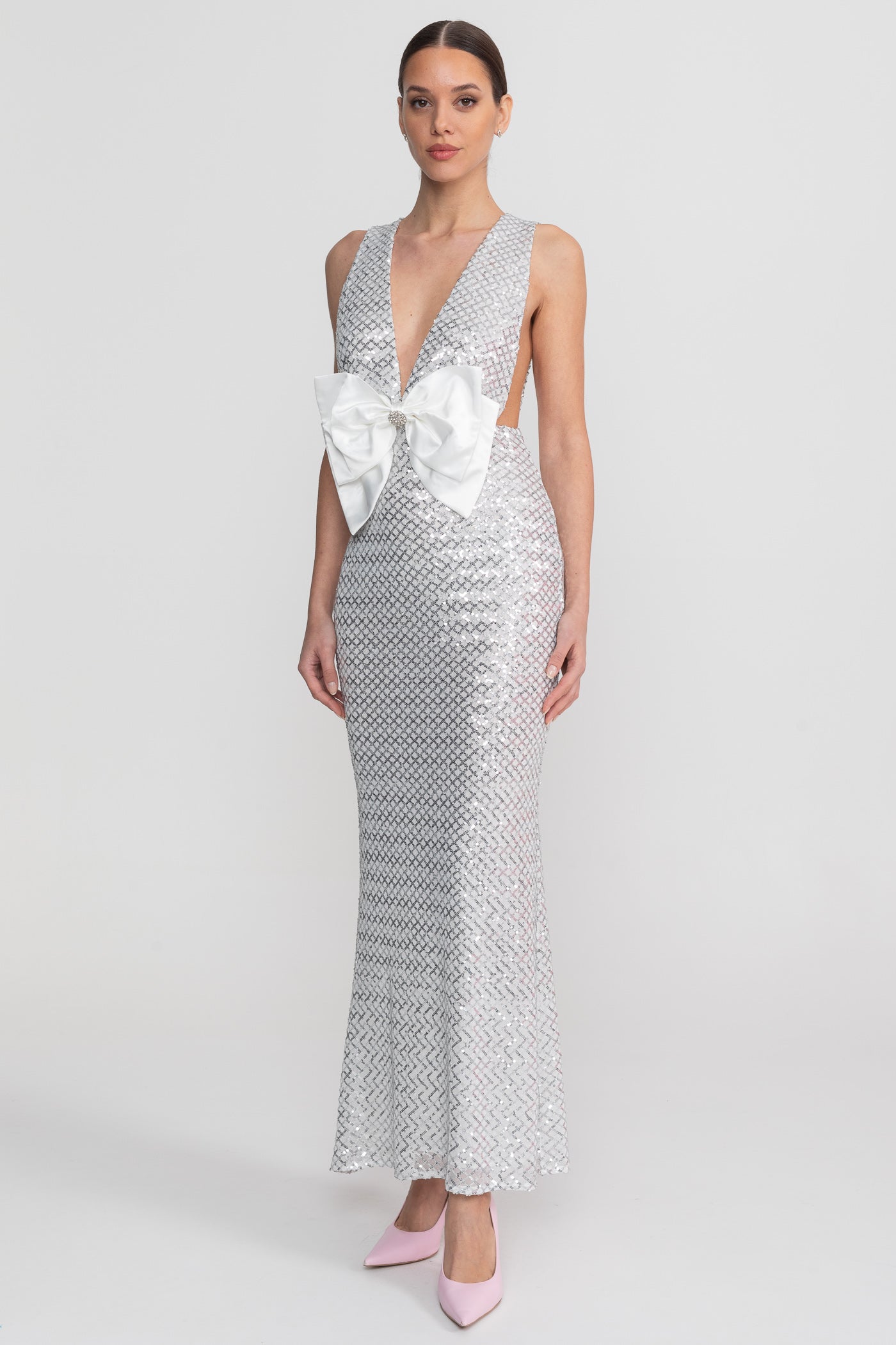 Sequin Maxi Dress With Satin Bow Detail - Light Grey