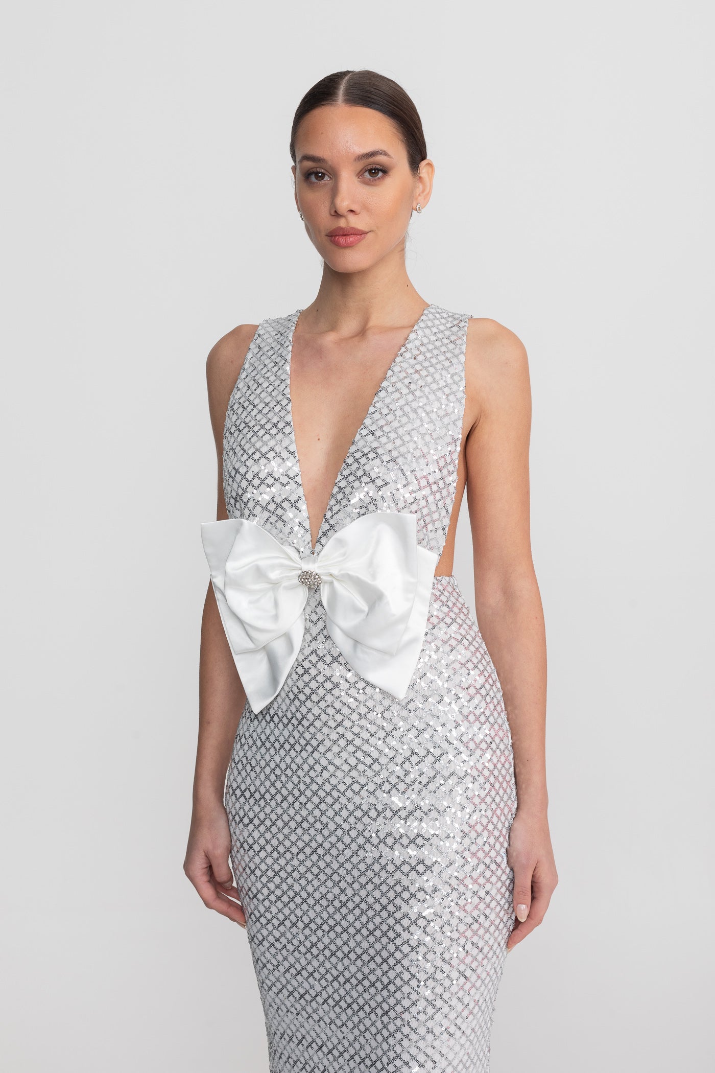 Sequin Maxi Dress With Satin Bow Detail - Light Grey