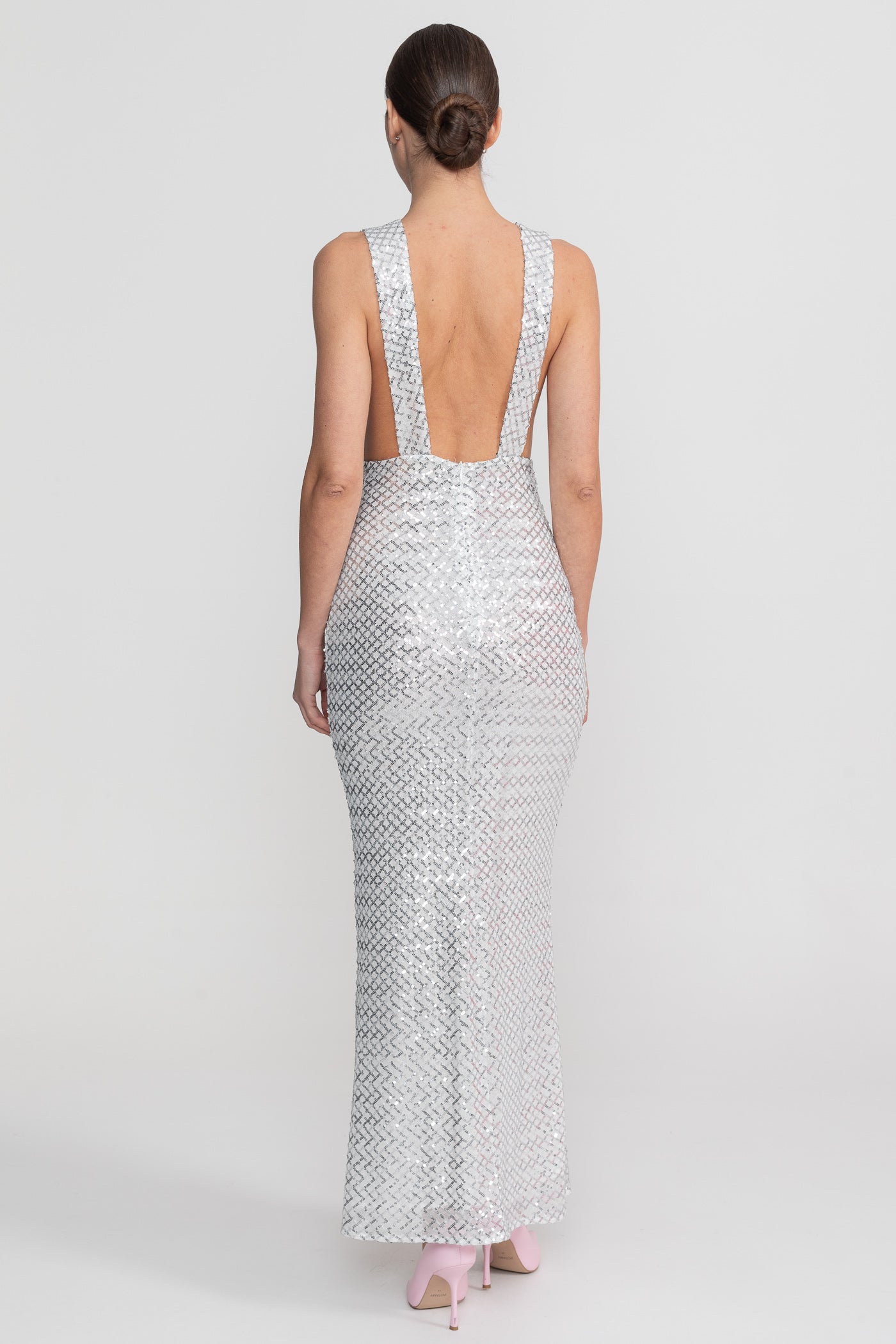 Sequin Maxi Dress With Satin Bow Detail - Light Grey