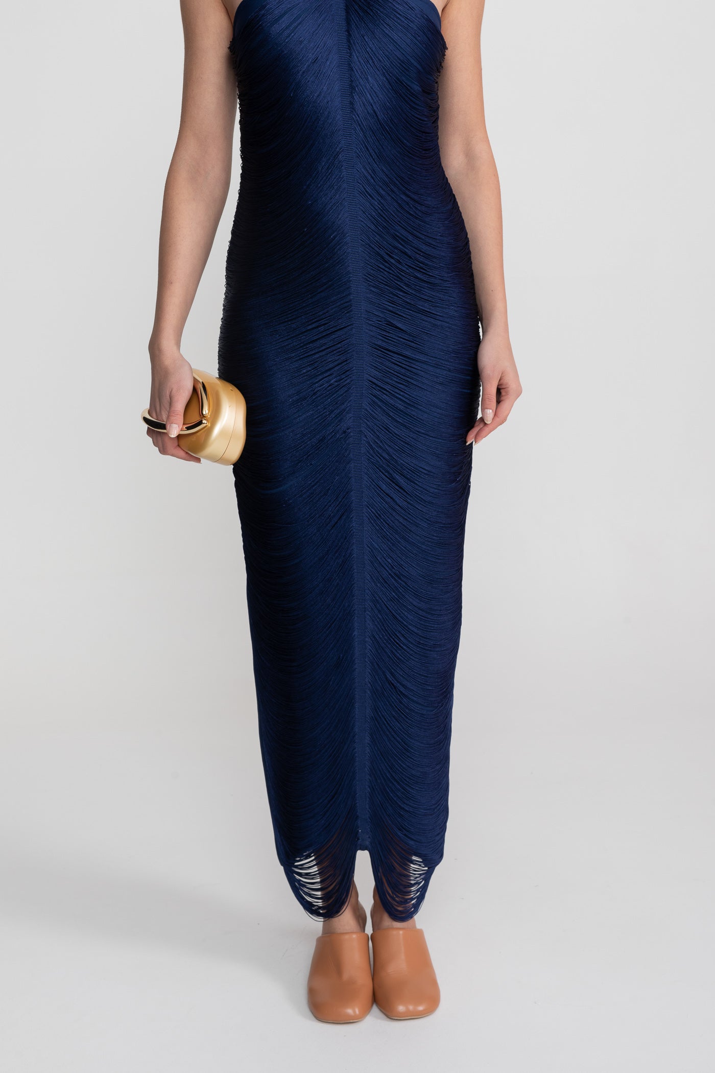 فستان ميدي برقبة هالتر مع نسيج مطوي بالكامل - أزرق