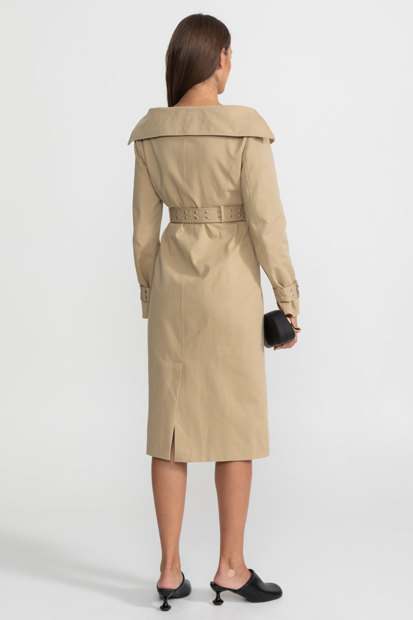 Off-Shoulder Double-Breasted Trench Coat Dress With Belted Waist – Brown
