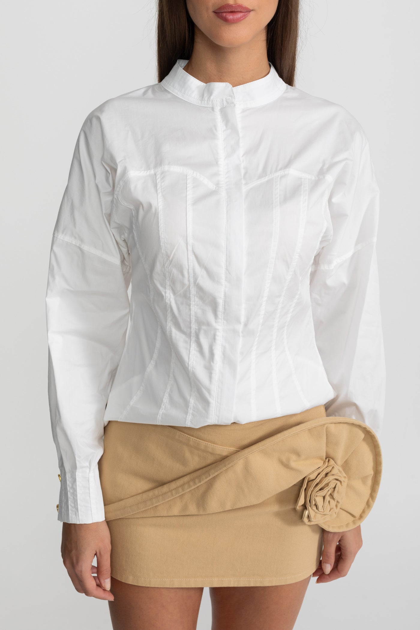 Mini Skirt with Draped Rose Appliqué - Beige