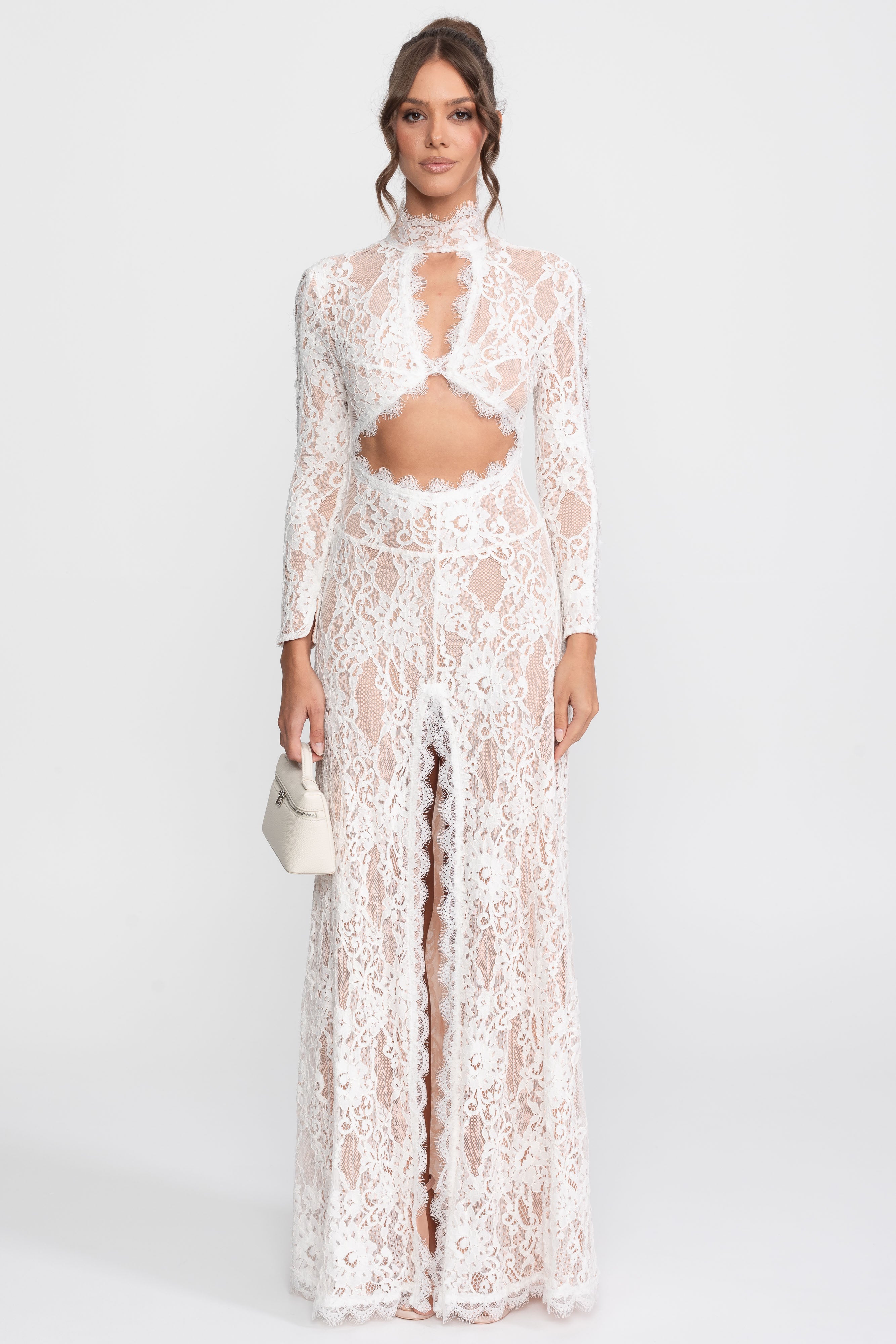 Elegant Lace Gown With High Neck, Front Cutout And Slit - White