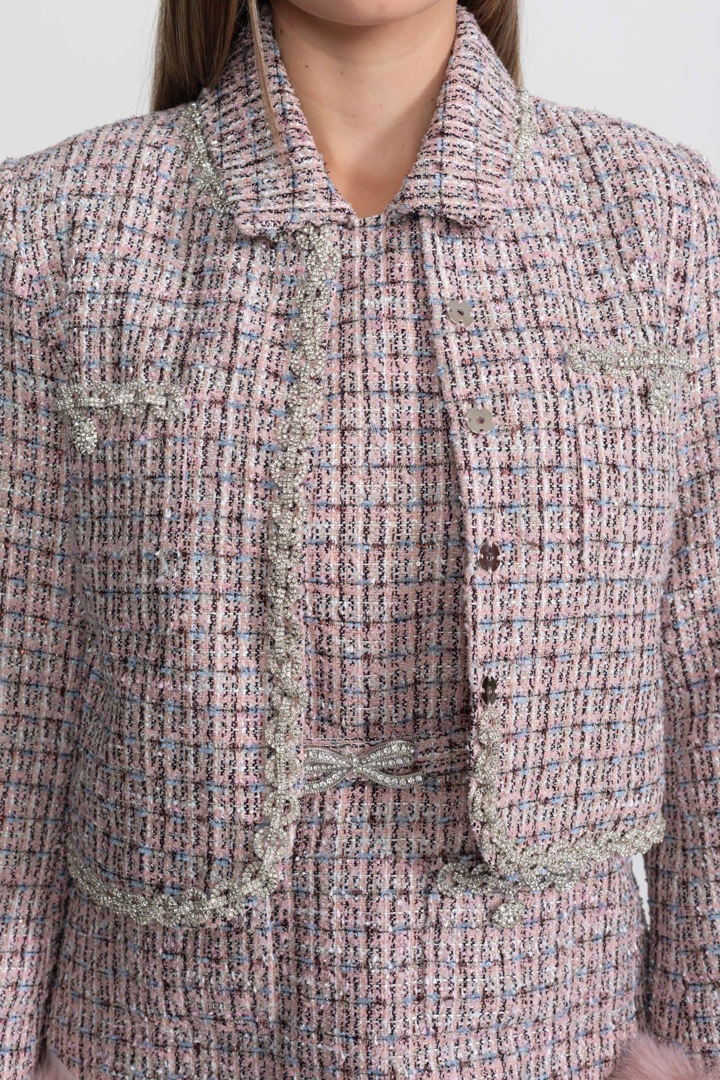 سترة قصيرة من التويد بأساور من الفرو الصناعي - وردي