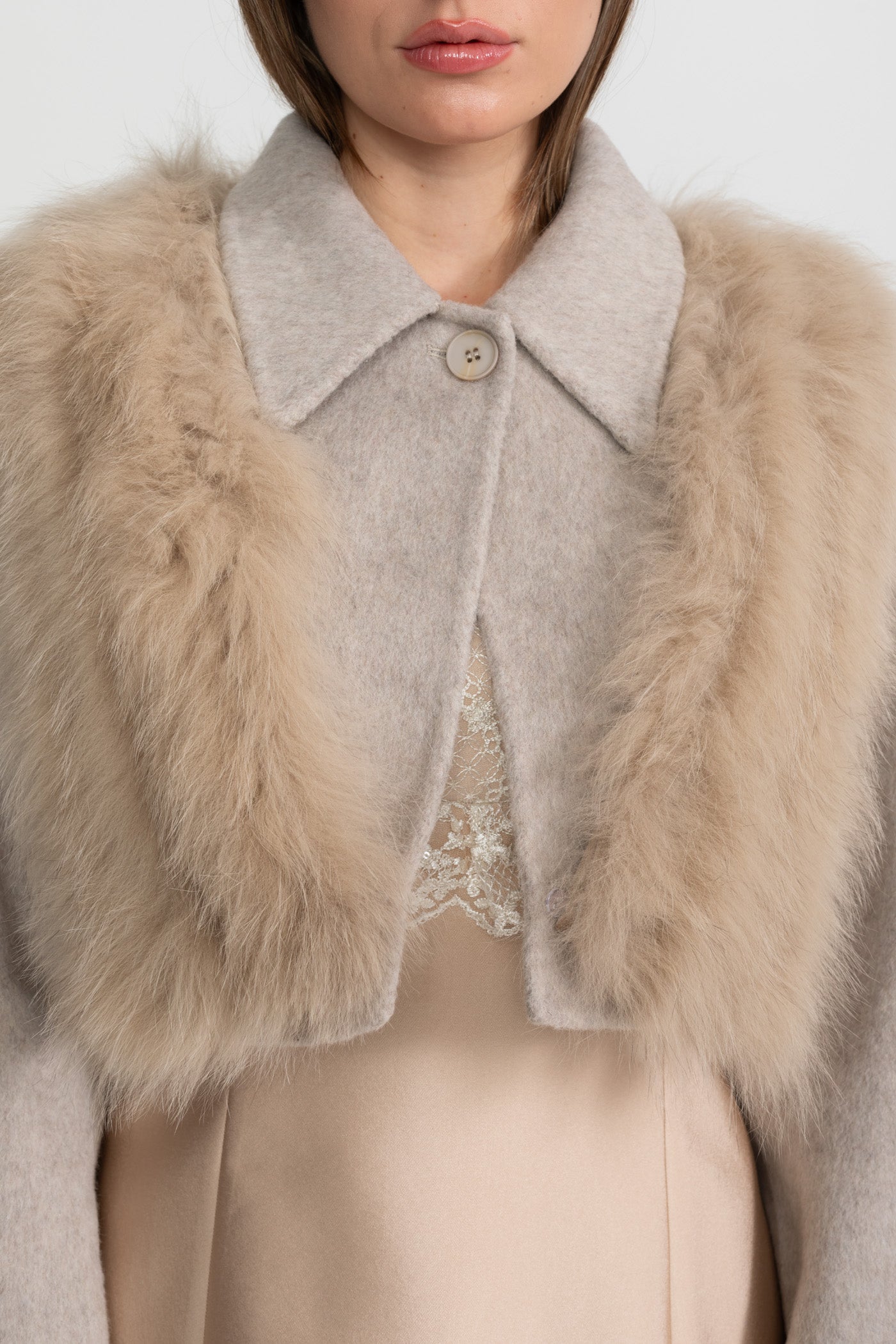 Wool Cropped Jacket with Fox Fur Collar – Taupe