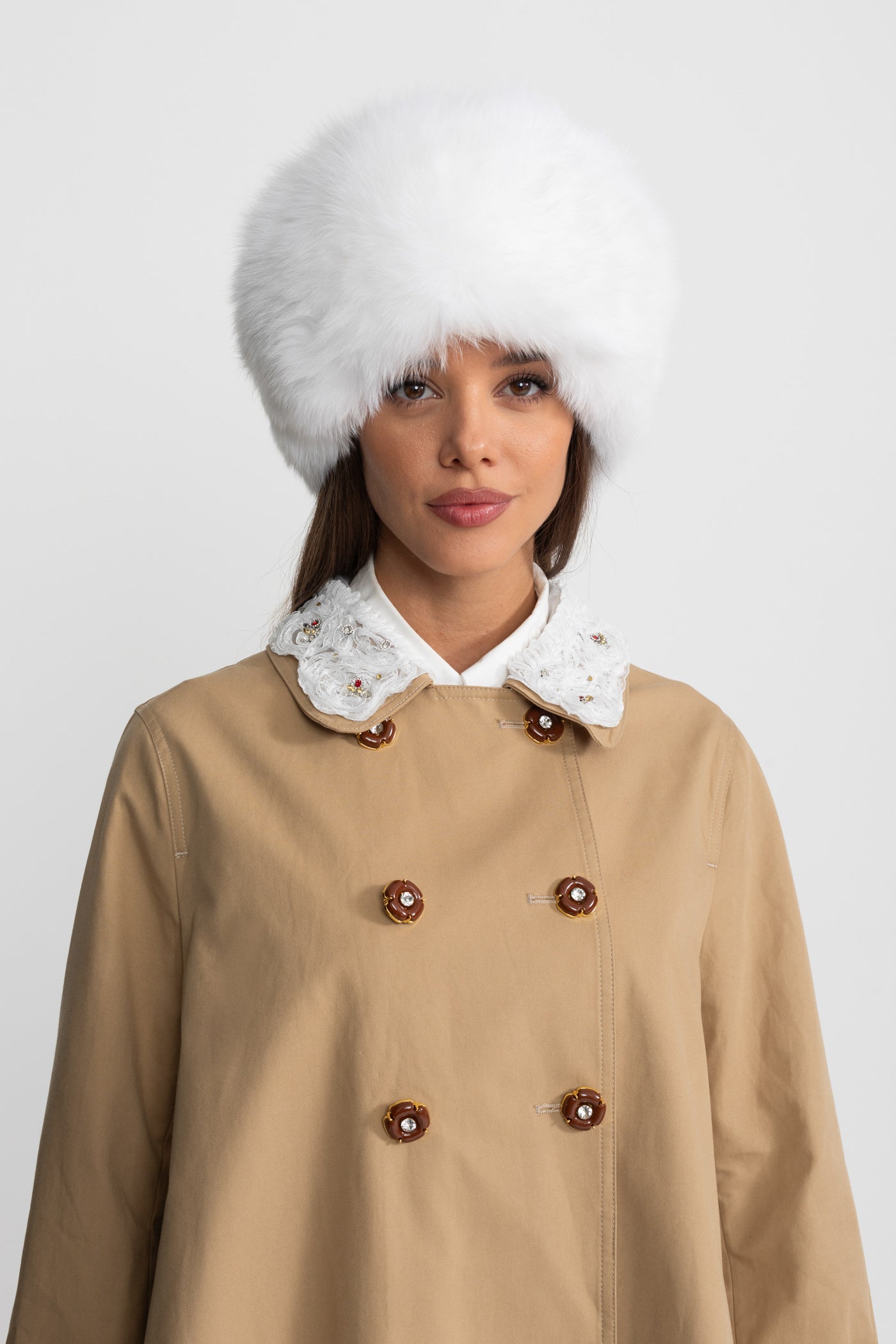 A-Line Trench Mini Dress With Embroidered Collar – Camel