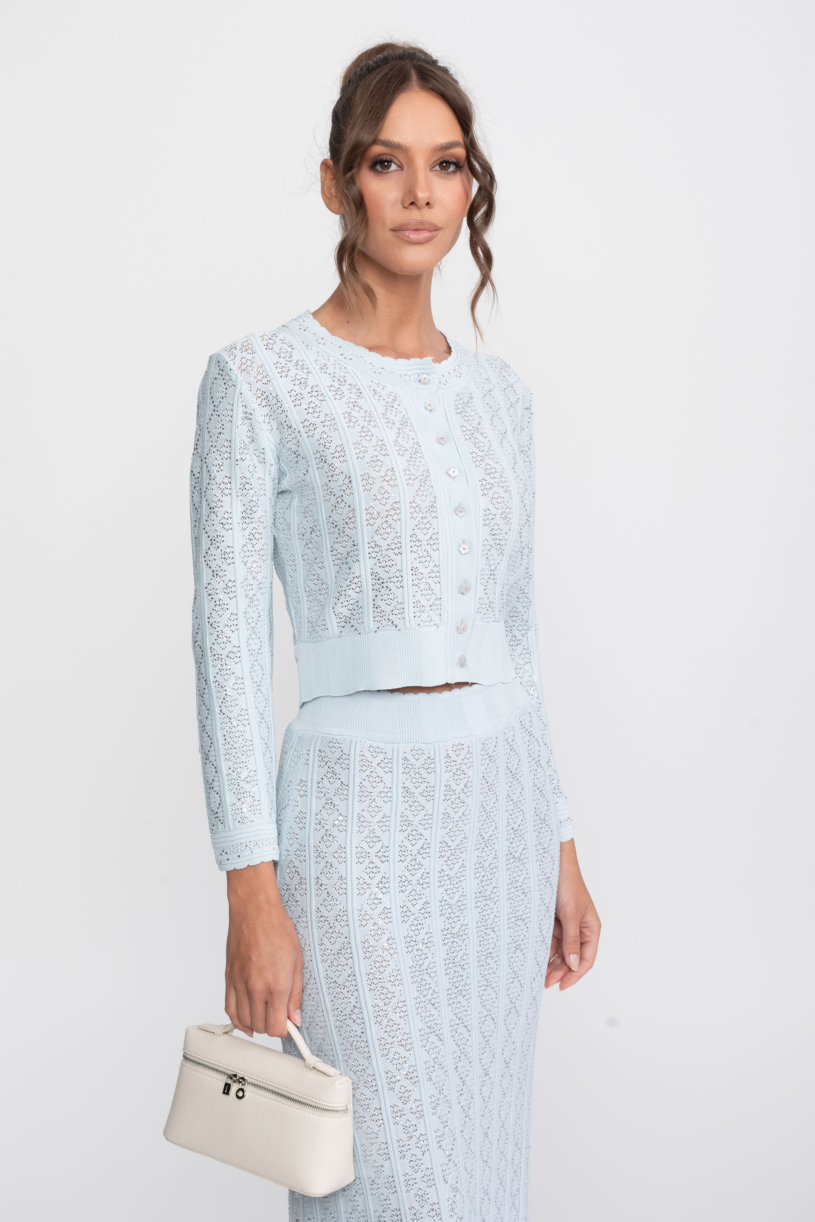 طقم محبوك بتفاصيل Eyelet مع كارديغان وتنورة ماكسي - Light Blue
