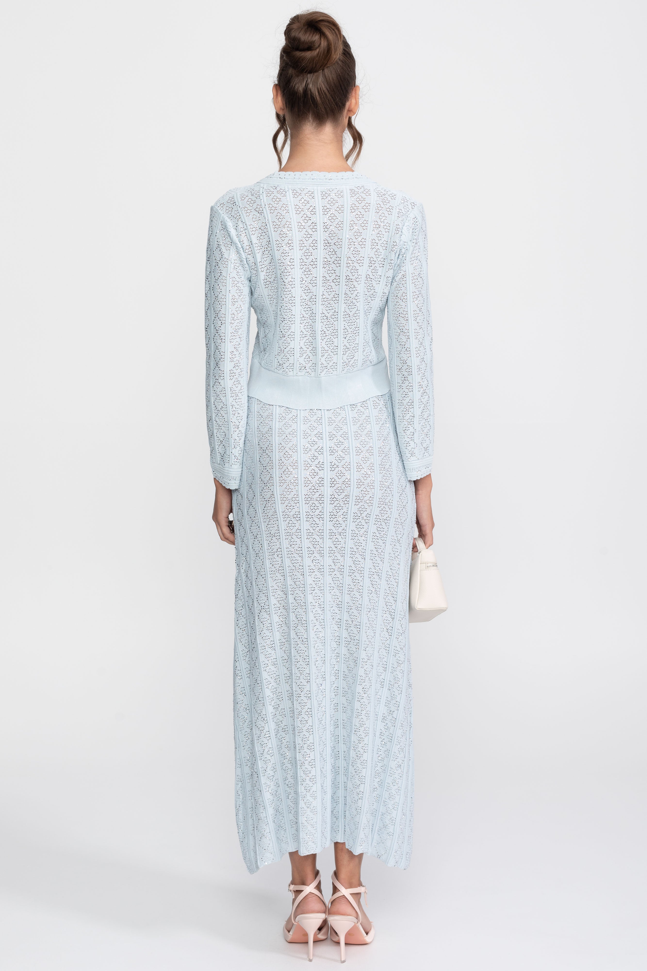 طقم محبوك بتفاصيل Eyelet مع كارديغان وتنورة ماكسي - Light Blue