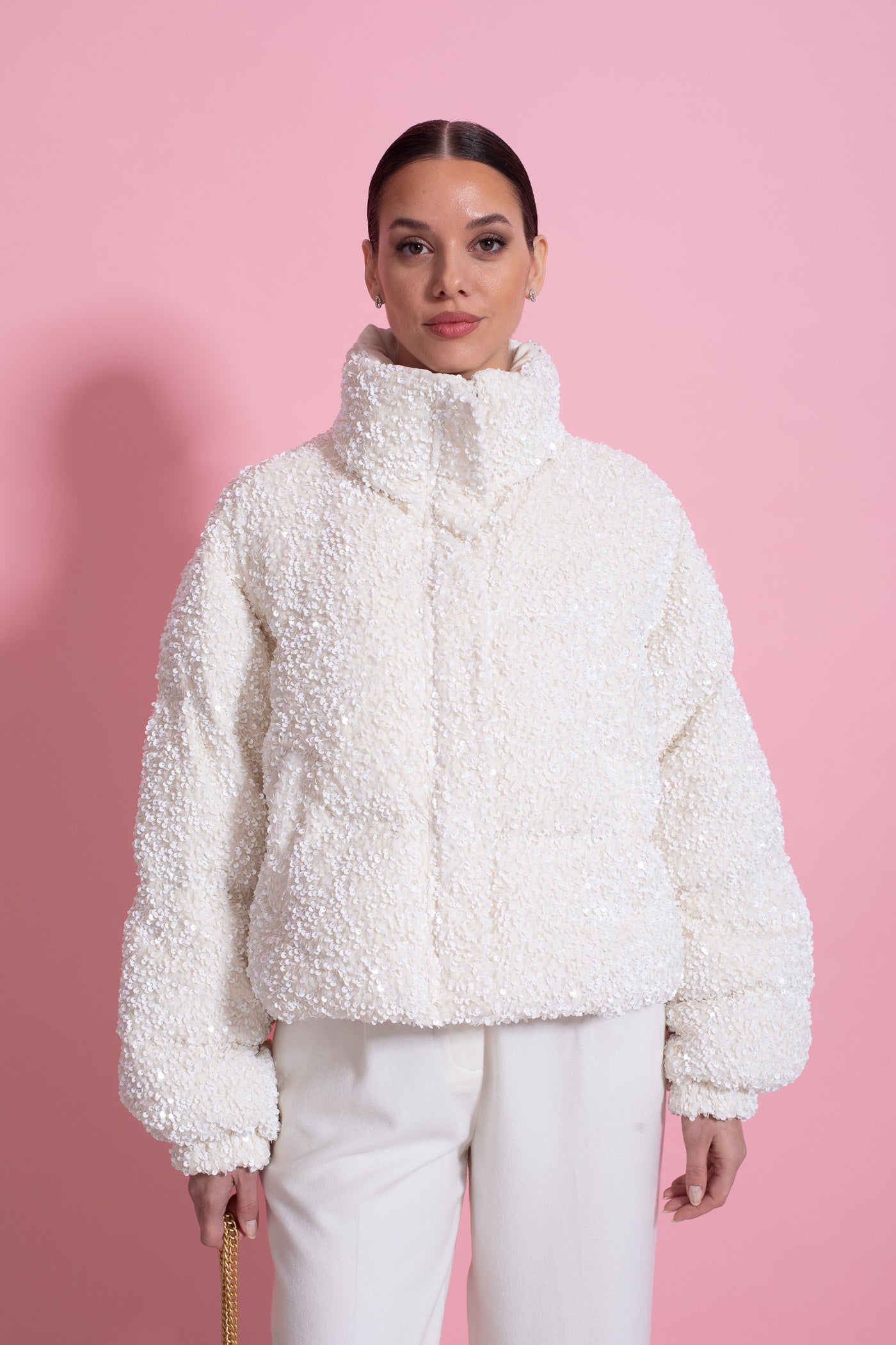 Sequin Puffer Jacket With High Stand Collar – White