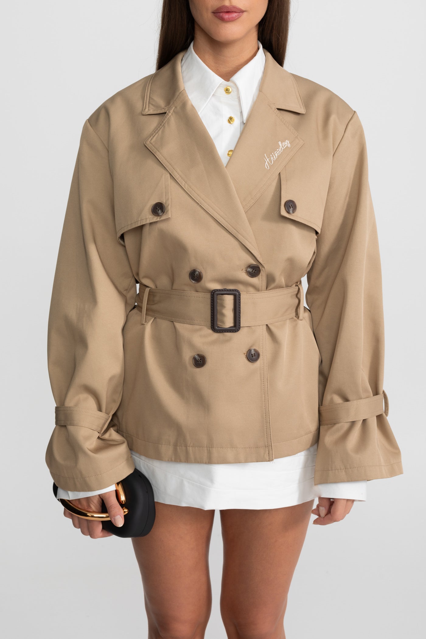 Cropped Double-Breasted Trench Jacket With Belted Waist – Camel