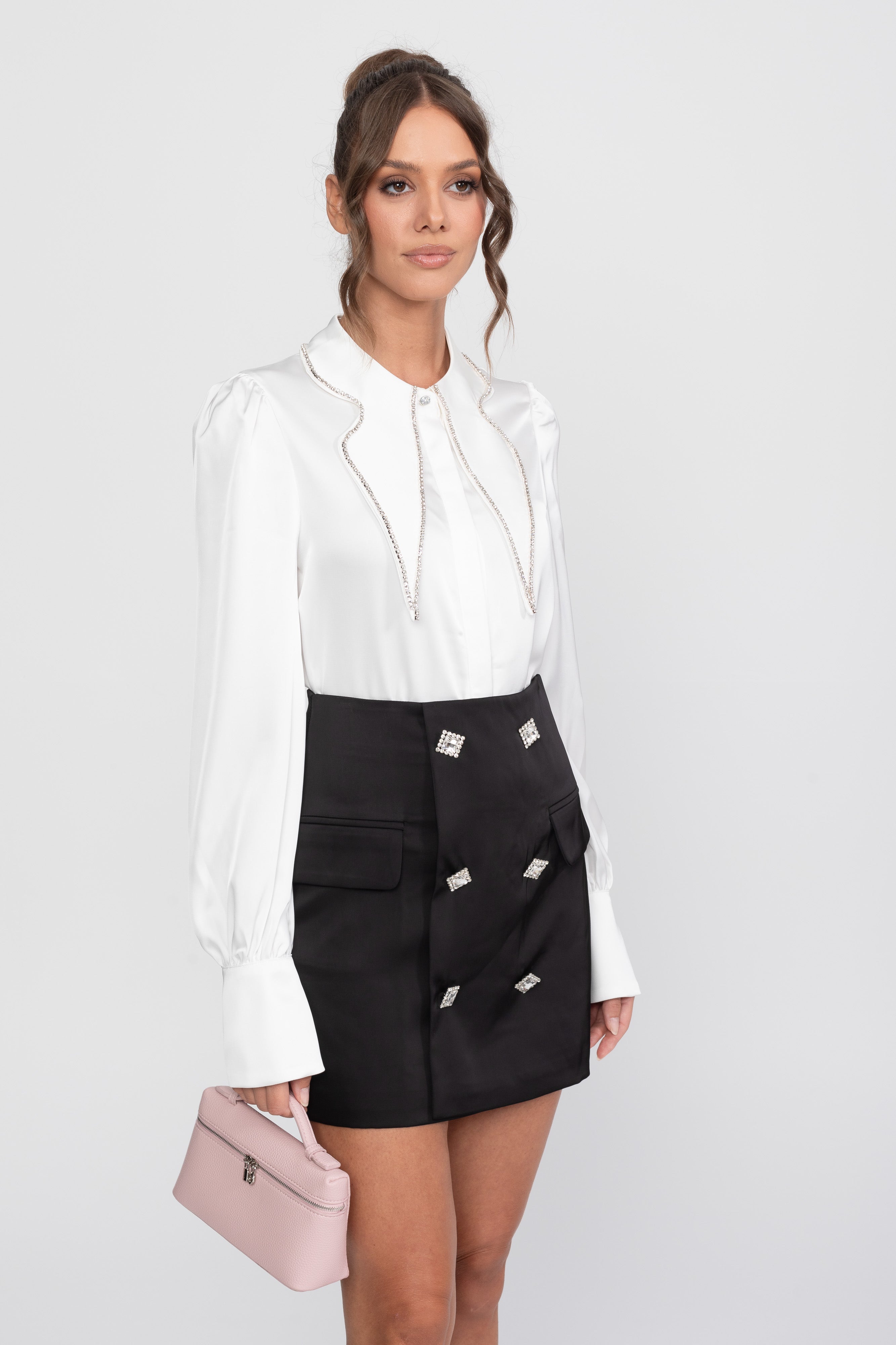 Crystal Collar Shirt And Contrasting Skirt Co-Ord Set- White / Black