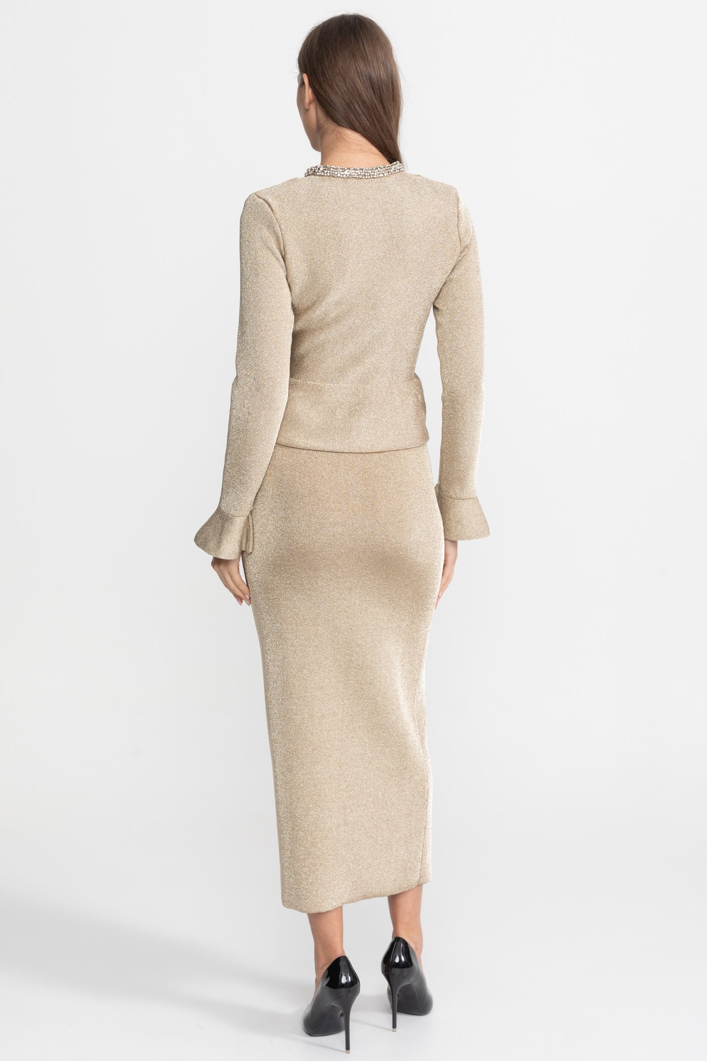 Shimmer Knit Dress with Crystal Button Accents – Champagne