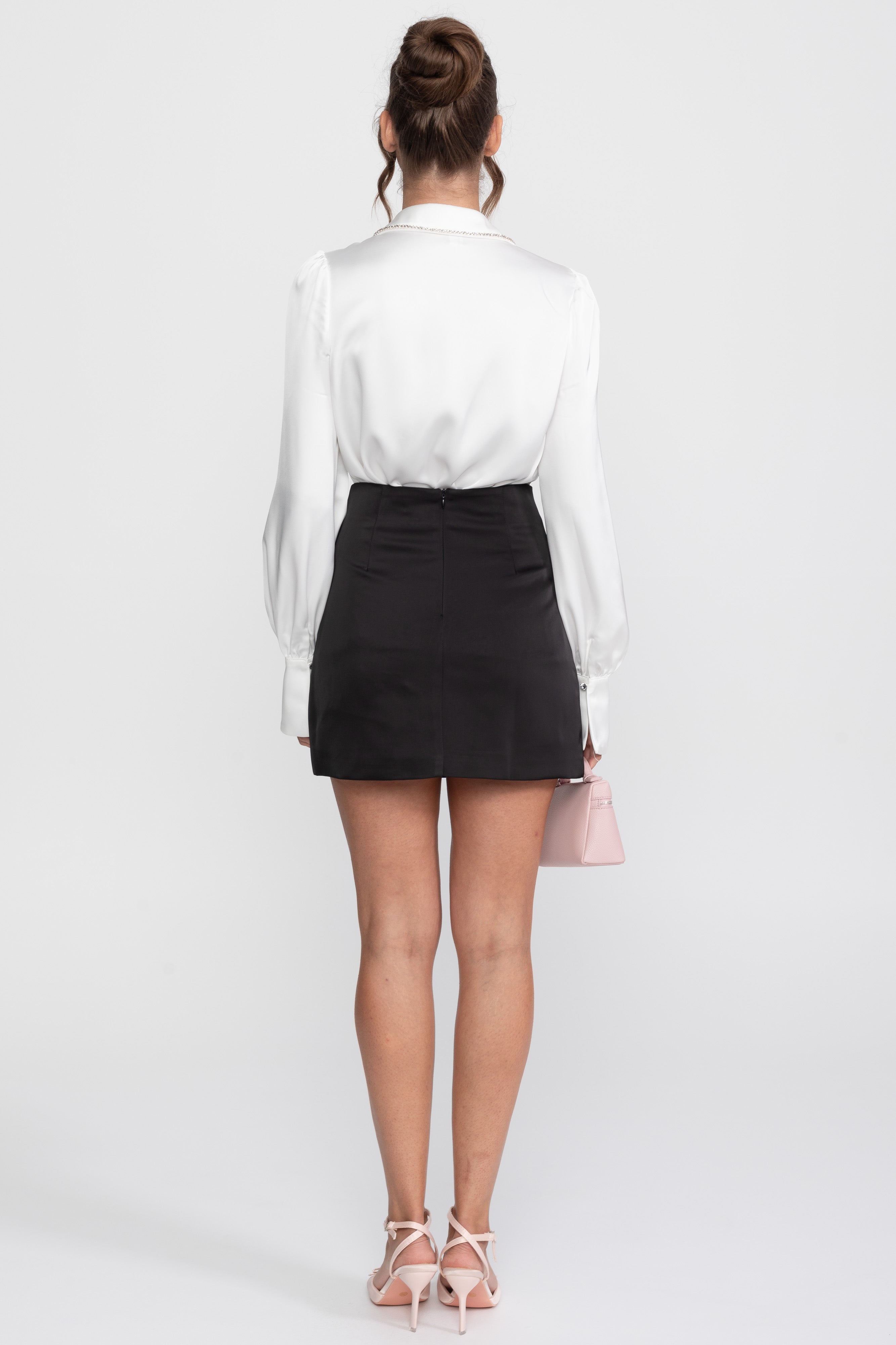 Crystal Collar Shirt And Contrasting Skirt Co-Ord Set- White / Black