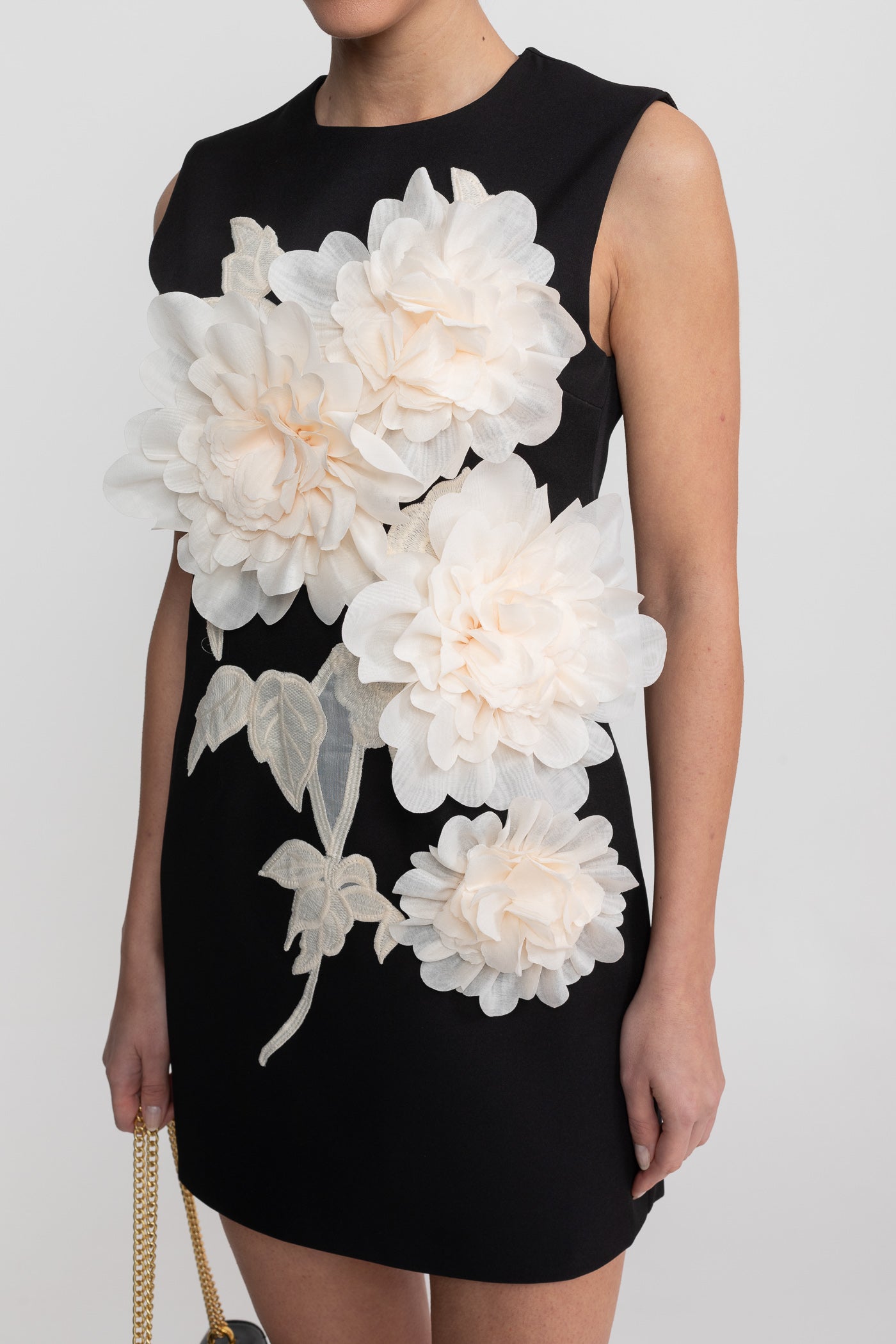 Sleeveless Mini Dress With Round Neckline And 3D Floral Appliqué - Black