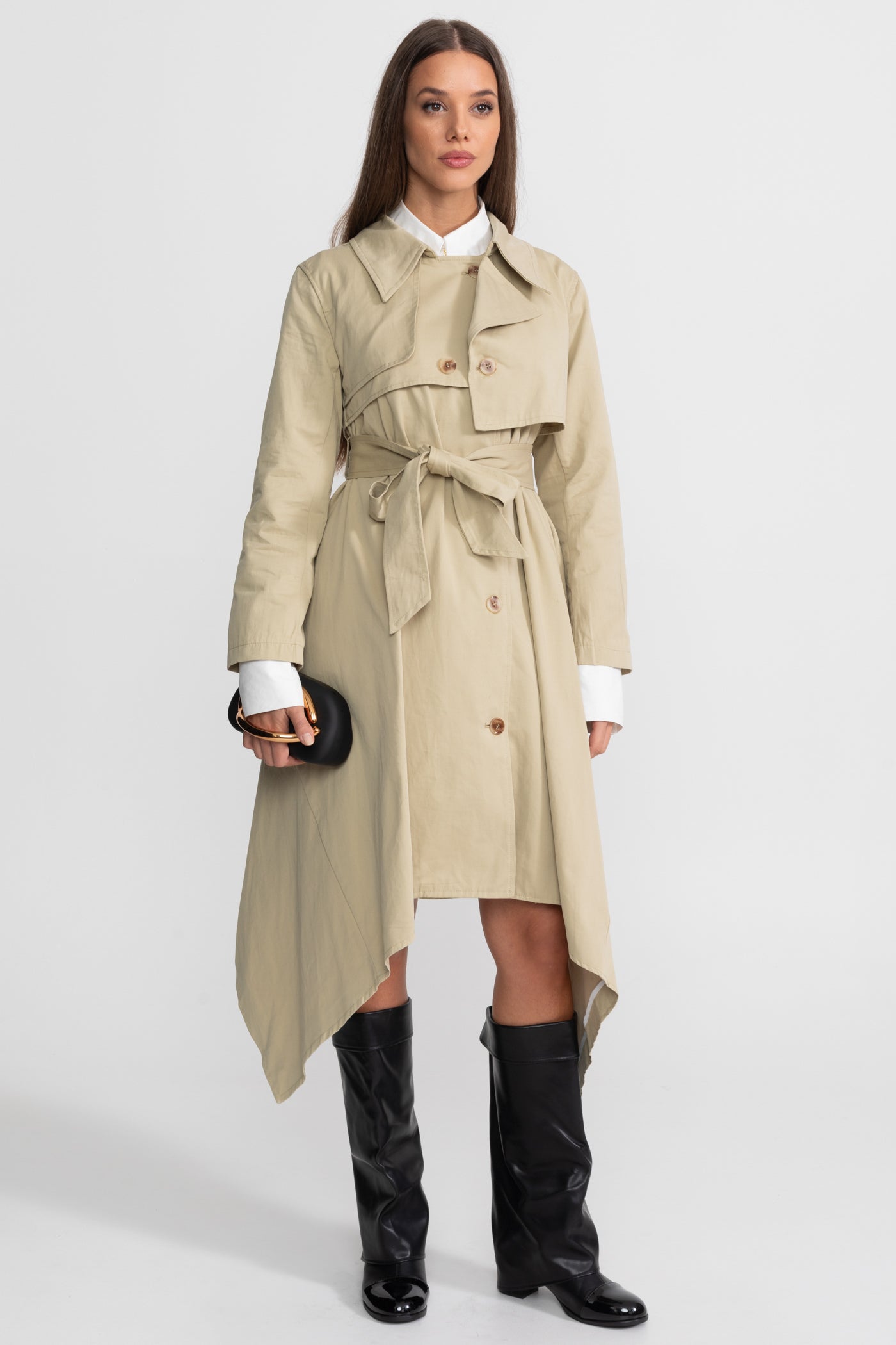 Long Trench Coat with Tie Belt and Asymmetrical Hem - Beige