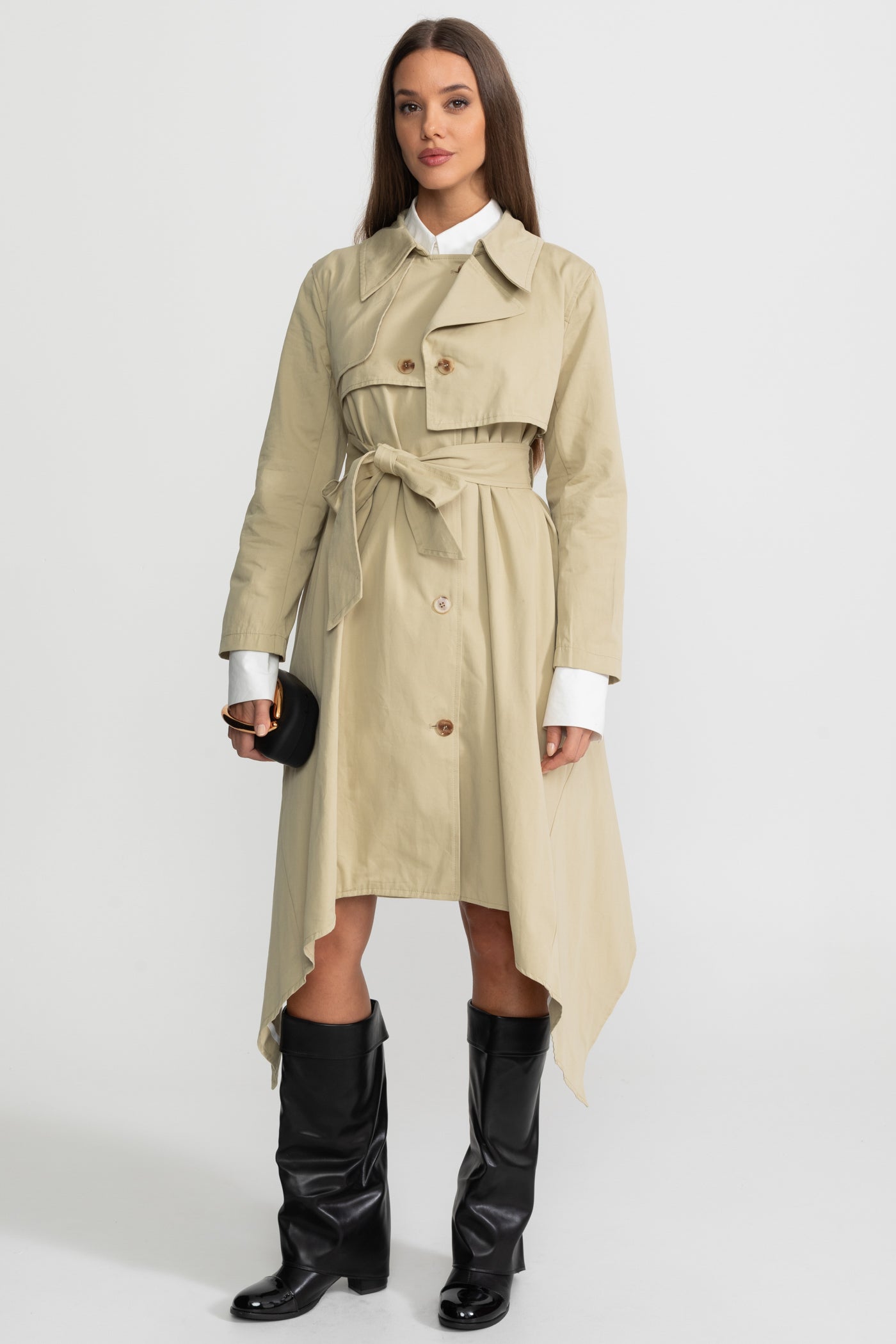 Long Trench Coat with Tie Belt and Asymmetrical Hem - Beige