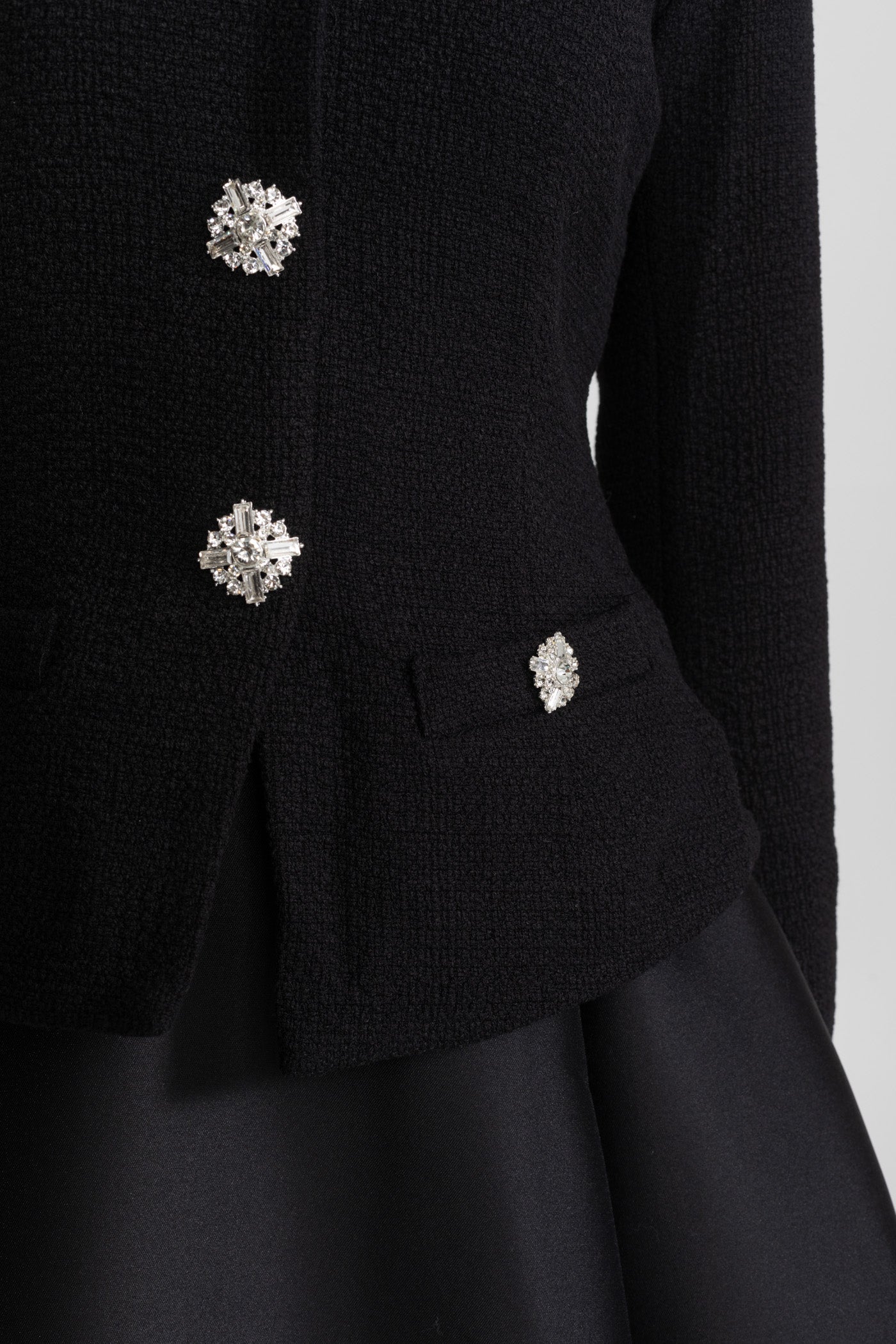 Structured Midi Dress with Embellished Jacket Overlay – Black