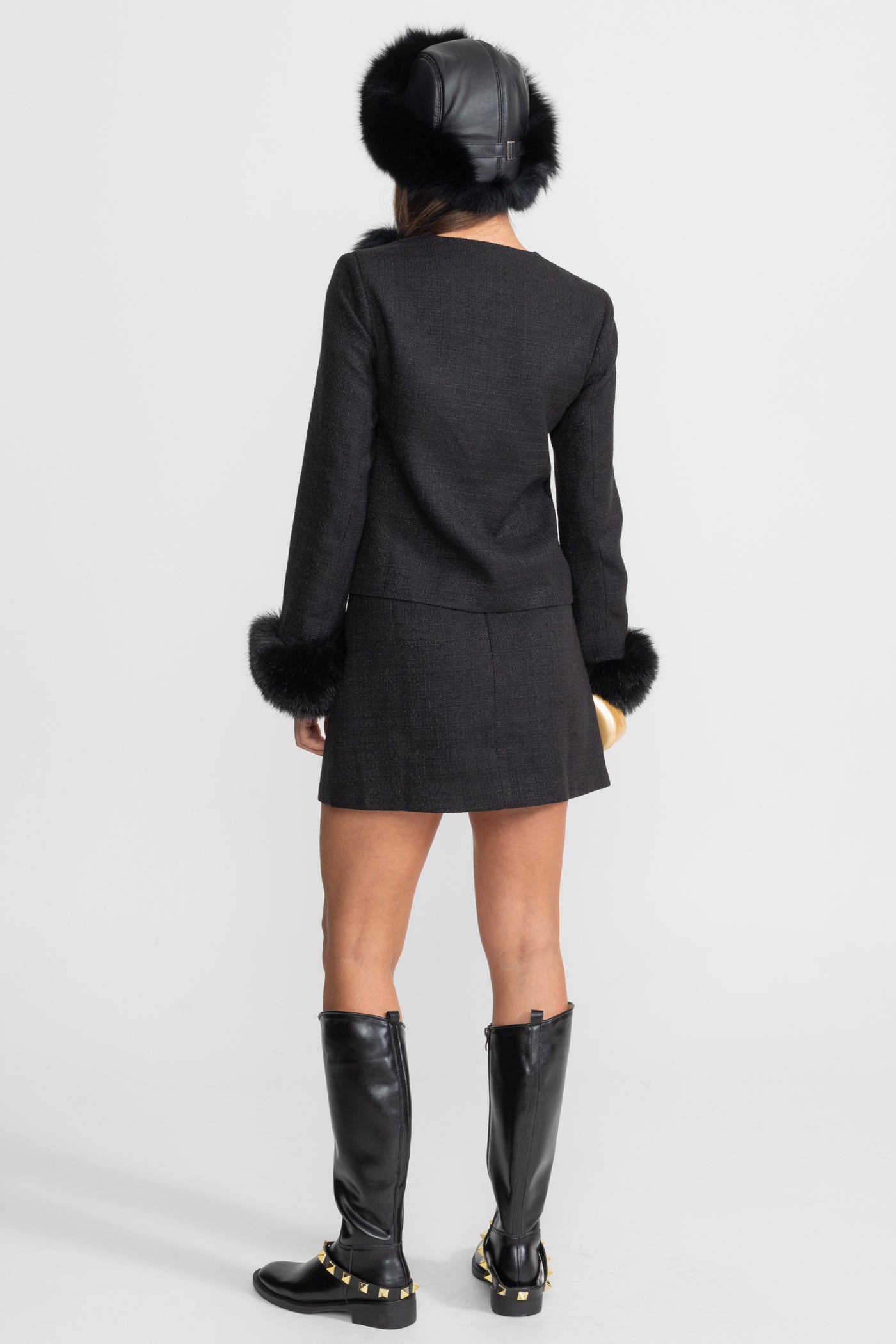 Tweed Blazer With Faux Fur Cuffs And Gold Buttons – Black