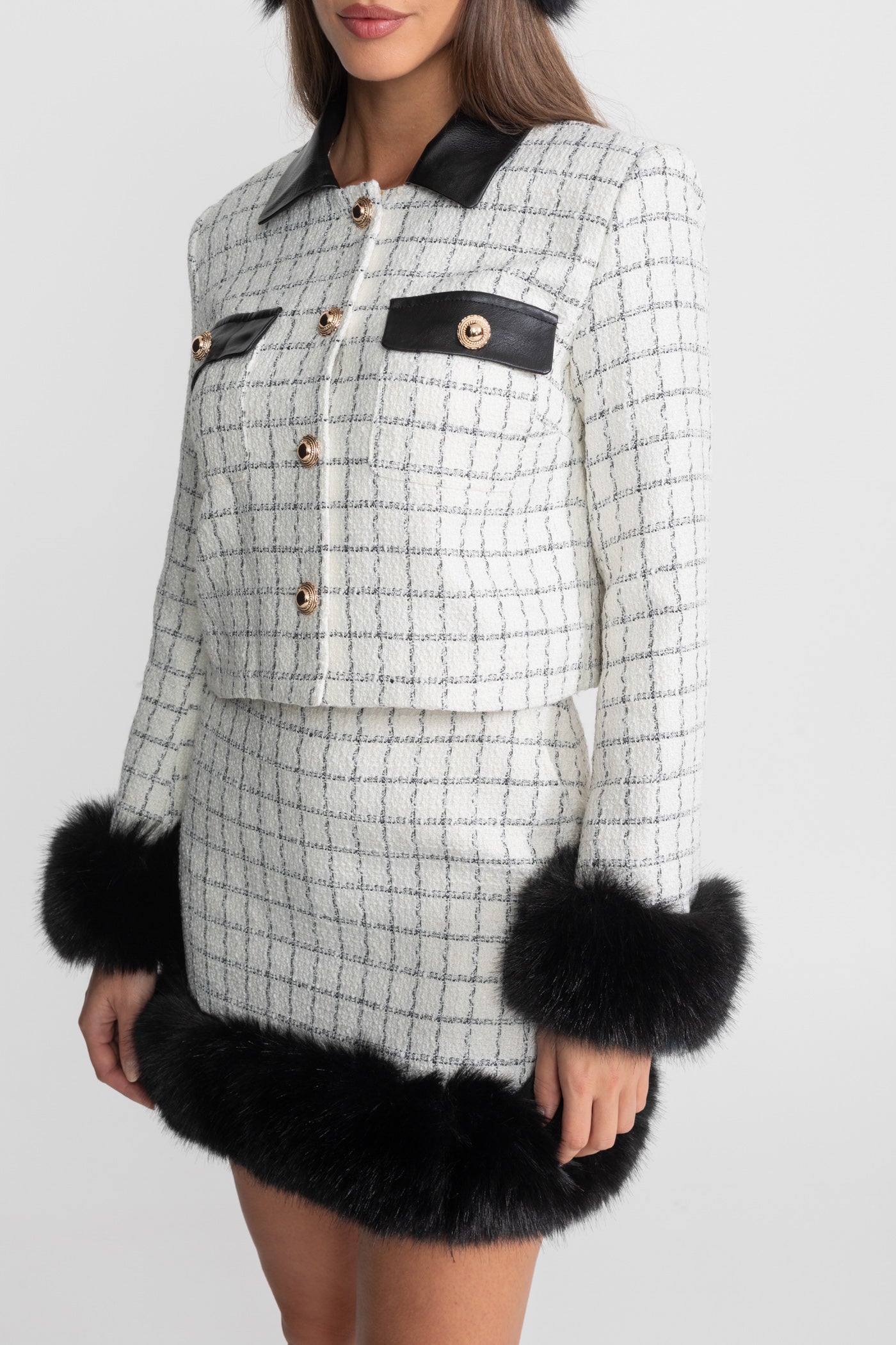 Tweed Co-Ord Set With Faux Fur Trim And Contrast Leather Details – White And Black