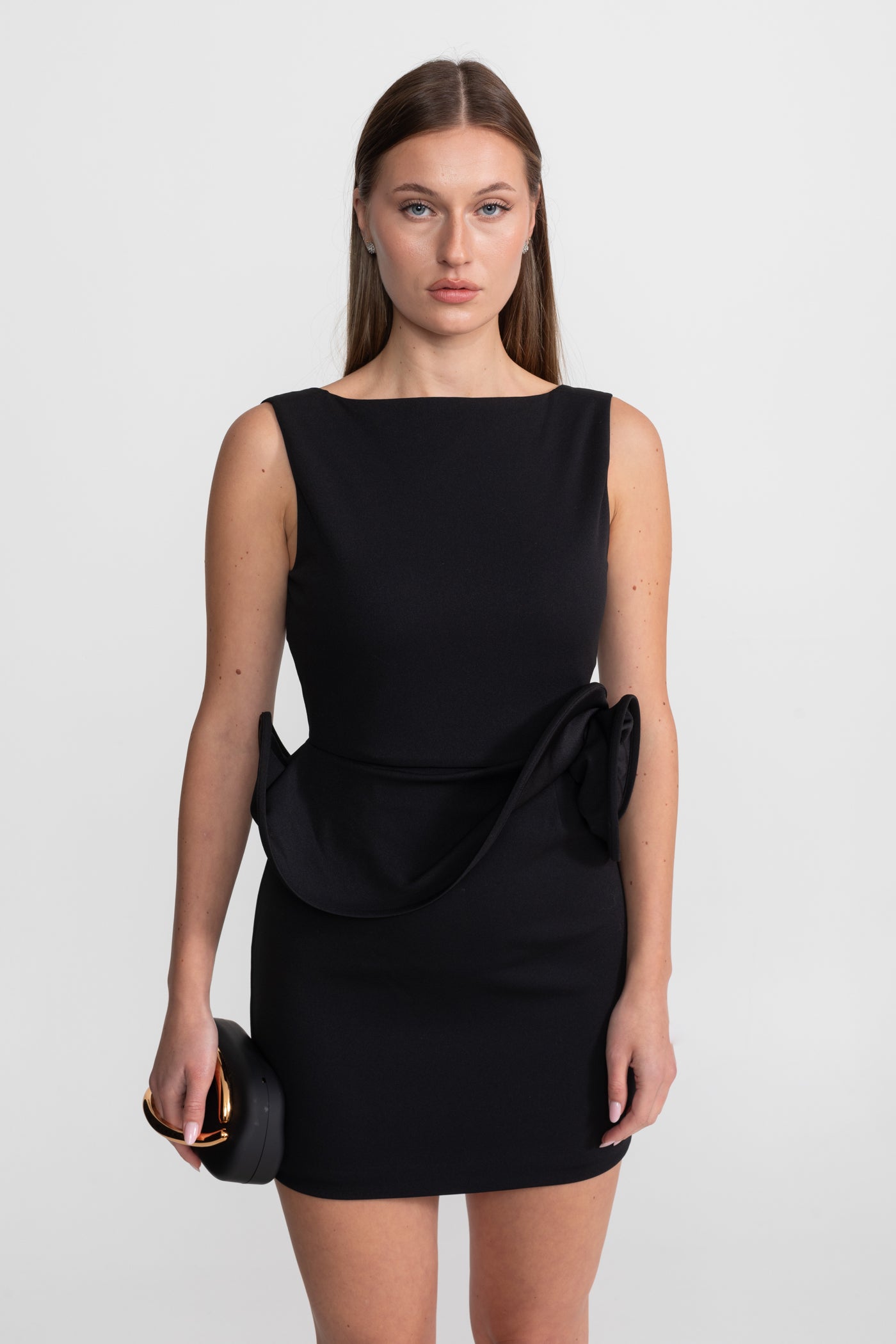Mini Dress with Sculptural Peplum Detail - Black