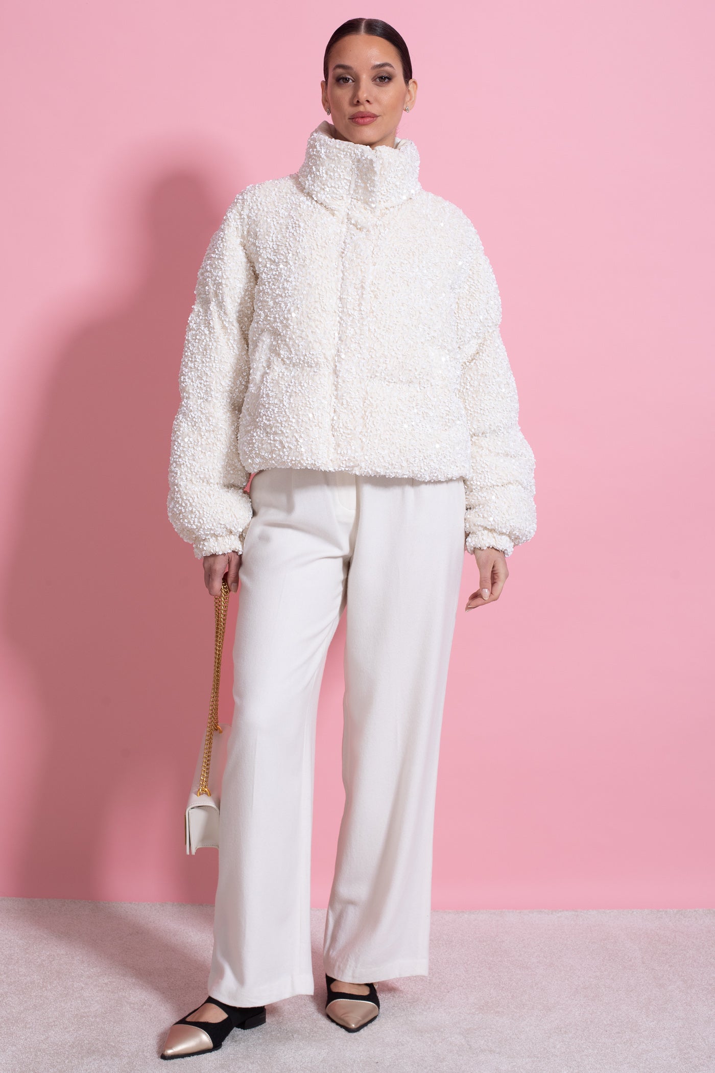 Sequin Puffer Jacket With High Stand Collar – White