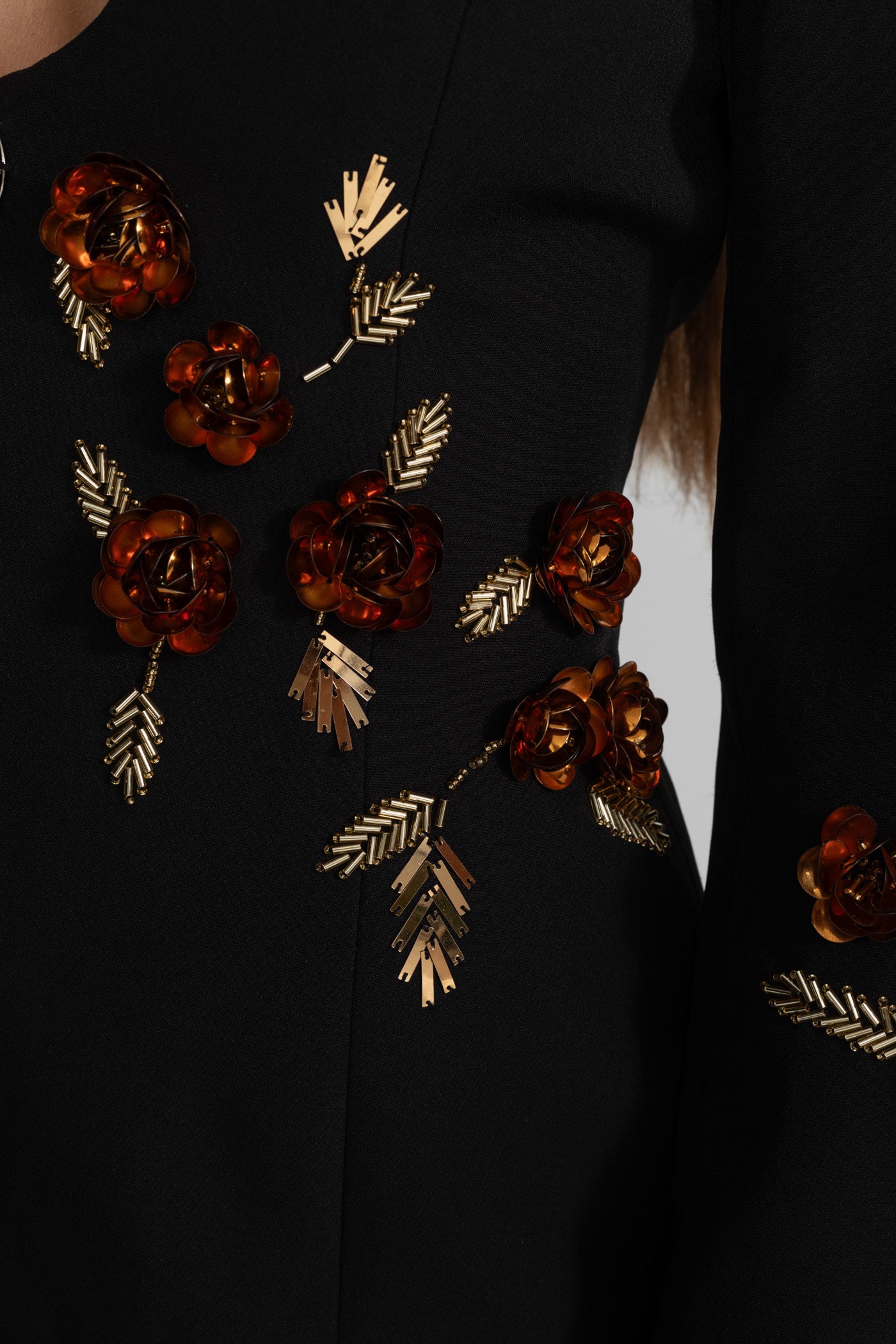 Deep V-Neck Blazer With Intricate Floral Embroidery - Black