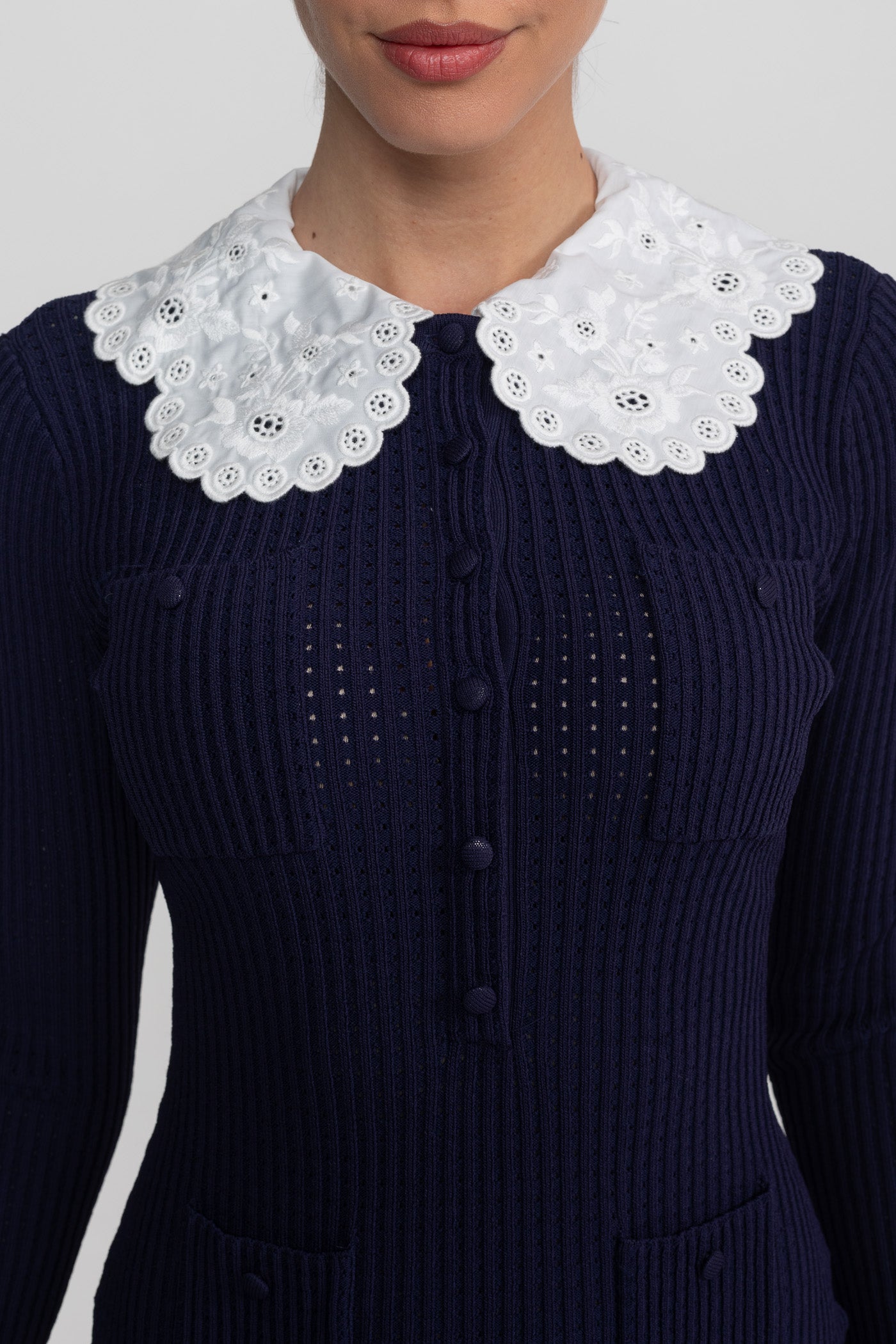 فستان ميني بأكمام طويلة محبوك مع ياقة برو ديري - كحلي