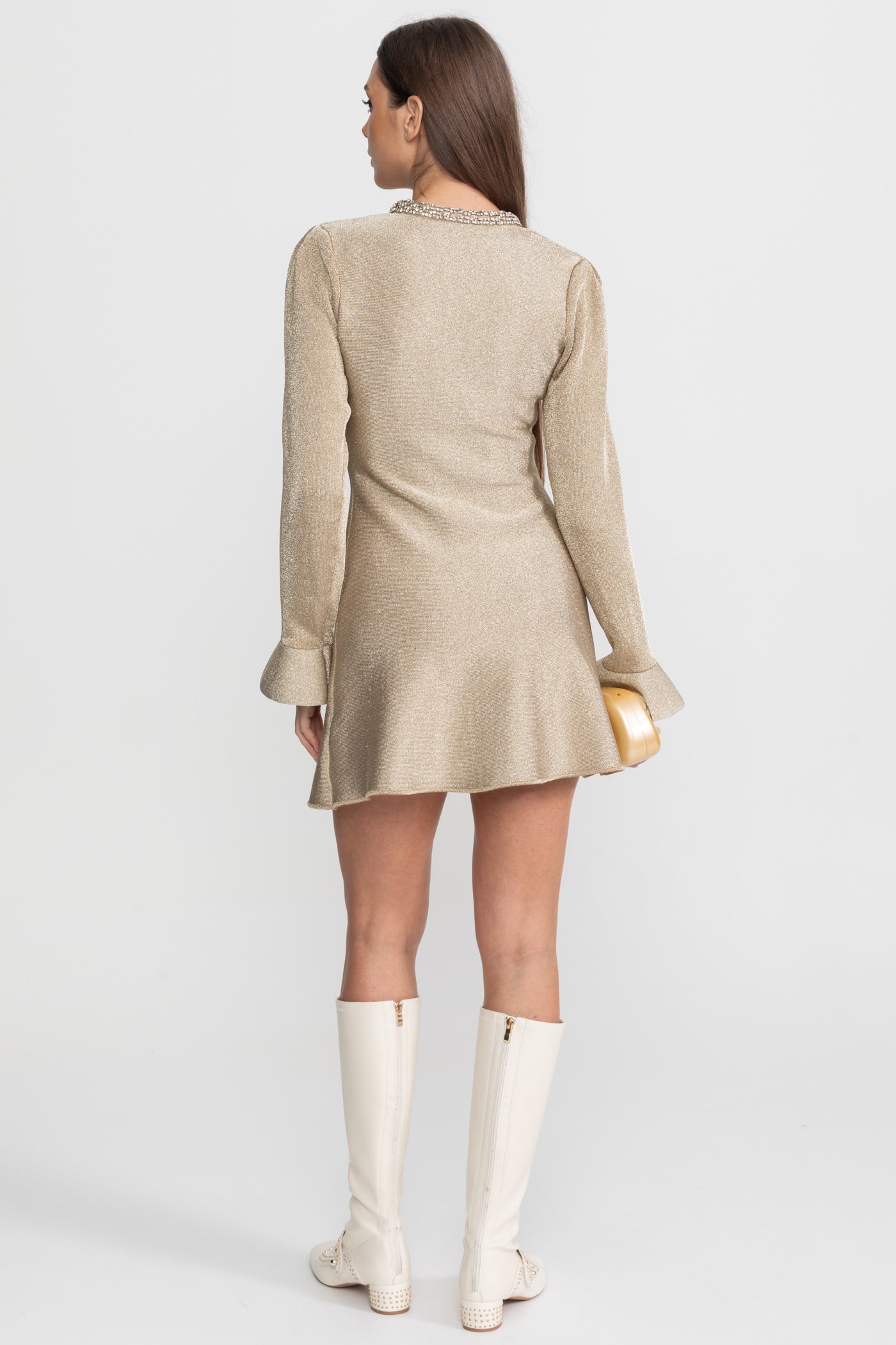 Shimmer Mini Dress with Crystal Button Embellishments – Champagne