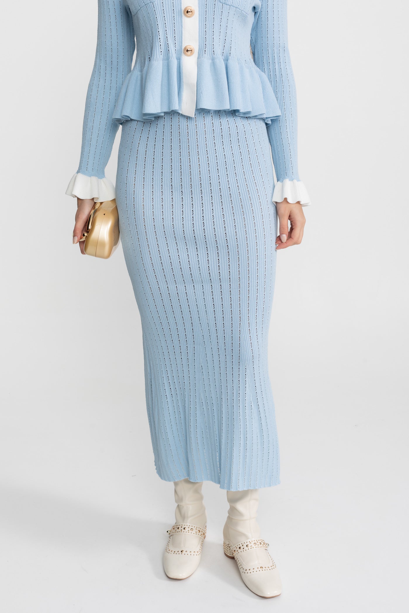 Pointelle Knit Midi Co-Ord with Contrast Trim – Baby Blue