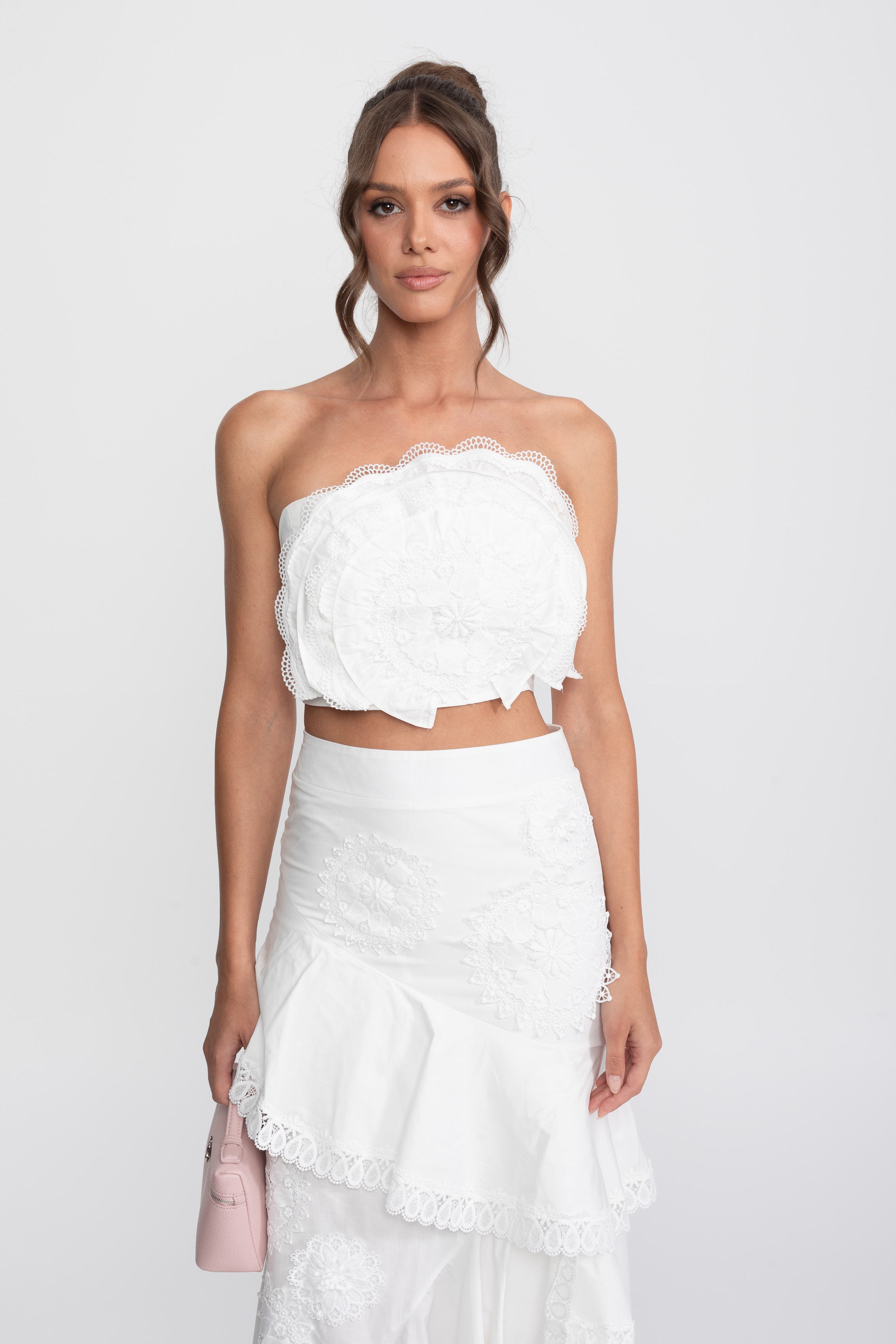 Crochet Medallion Two-Piece Set With Ruffled Maxi Skirt - White