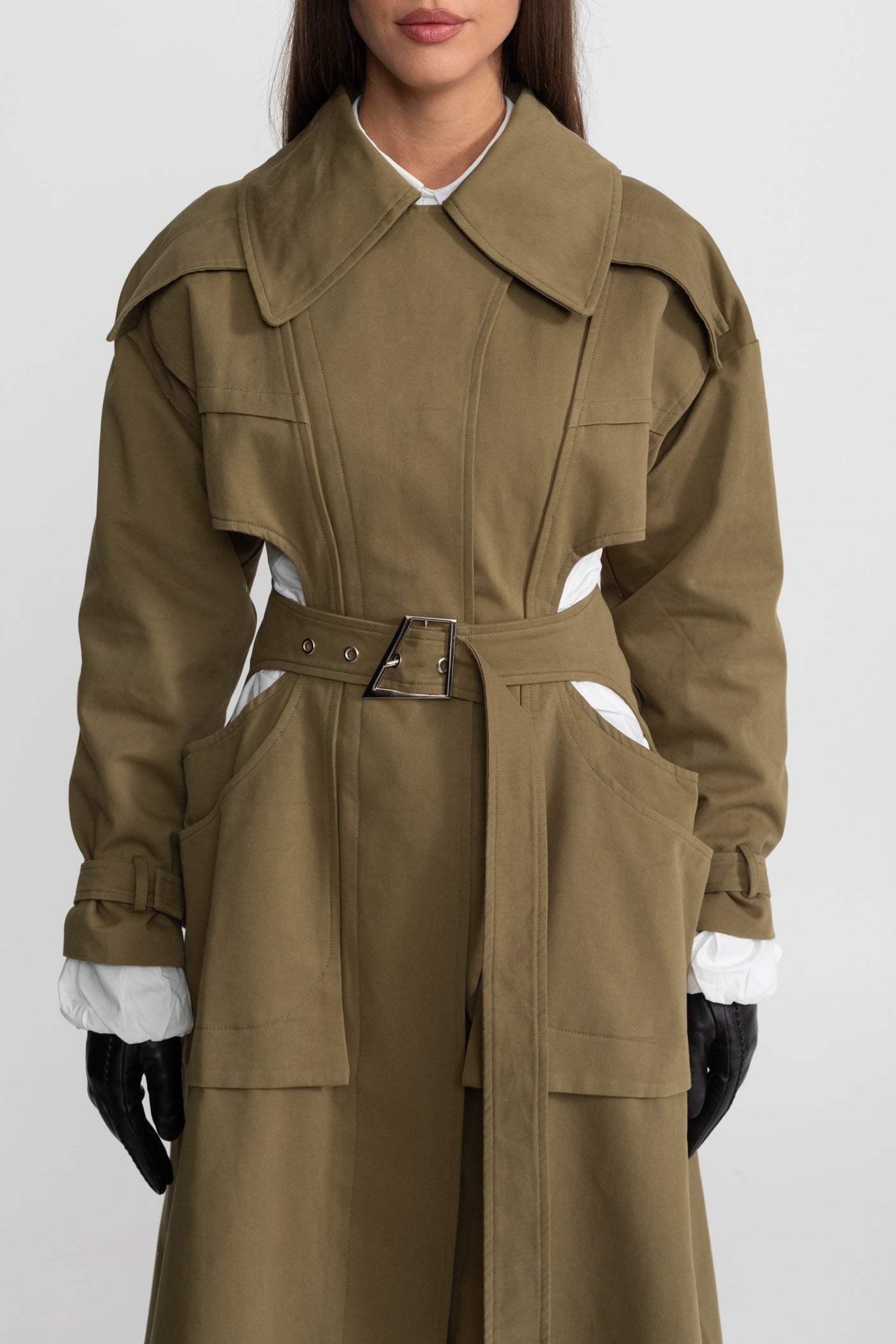 Cutout Trench Coat with Belted Waist and Utility Pockets - Khaki
