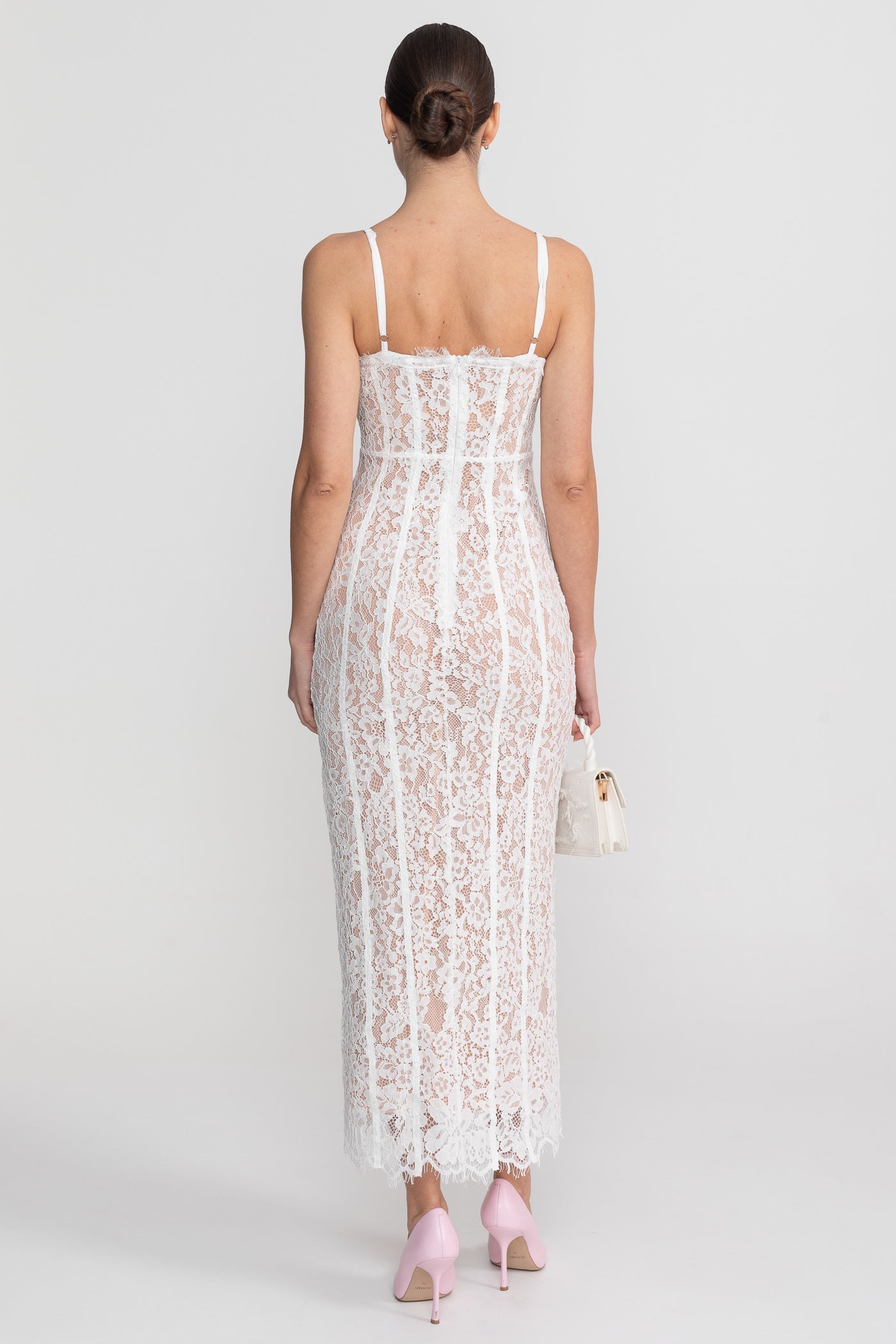 Lace Midi Dress With Sheer Corset Bodice - White