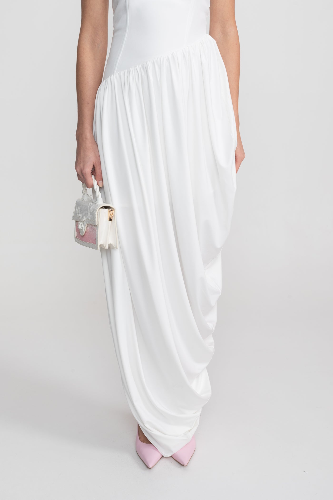 Strapless Maxi Dress With Asymmetric Draped Skirt - White