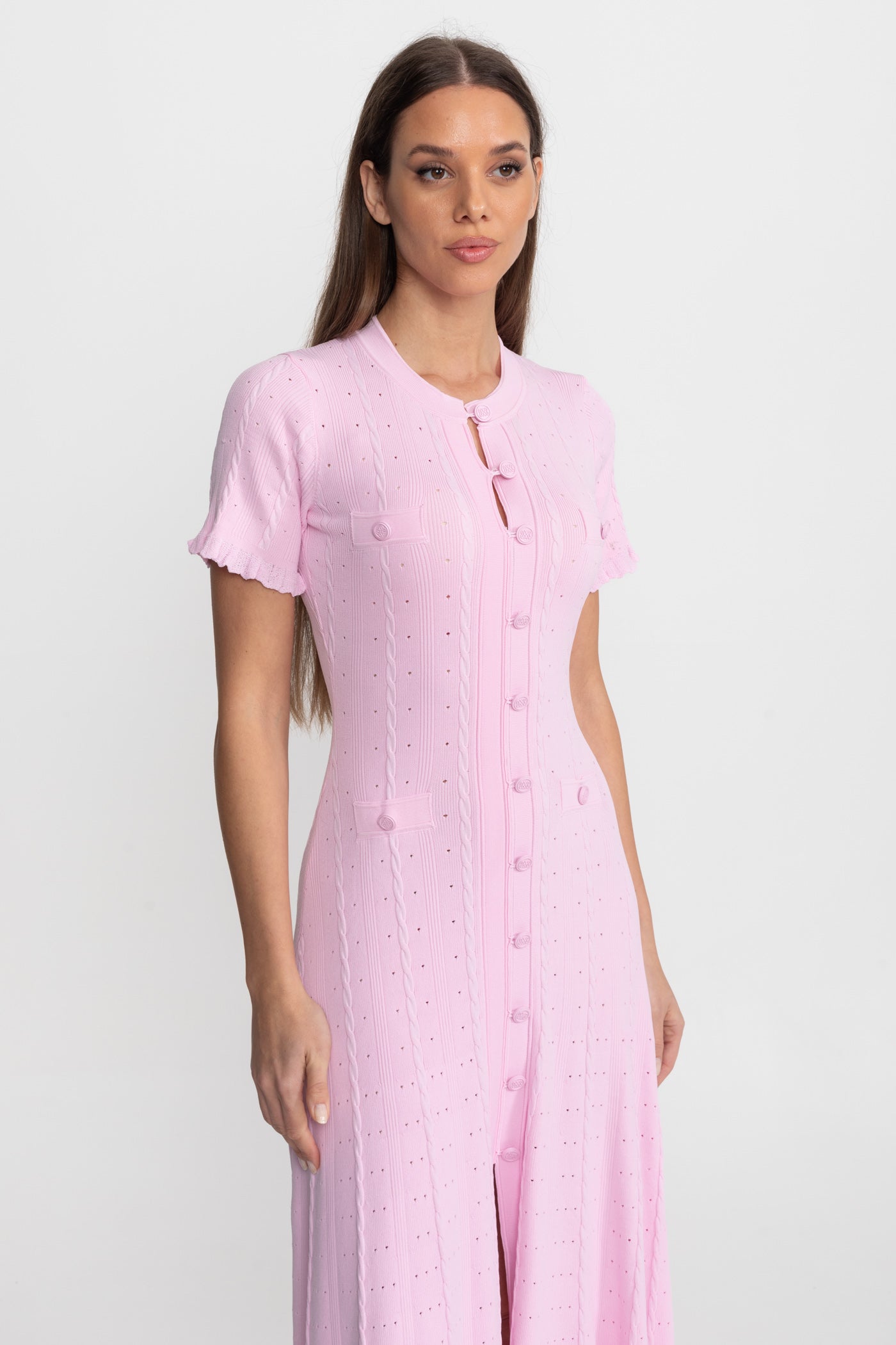 Knit Button-Front Midi Dress with Scalloped Sleeves – Pink