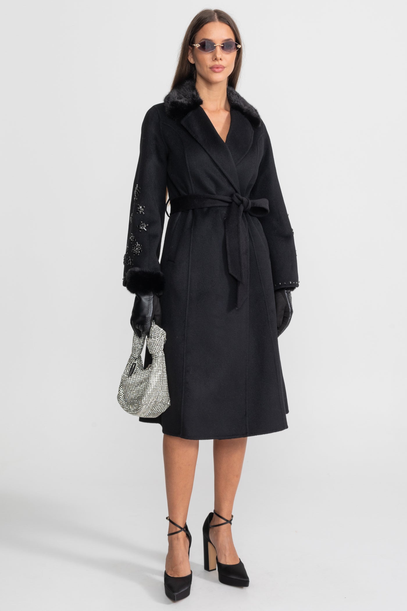 Embellished Wool Overcoat With Fox Fur Collar – Black